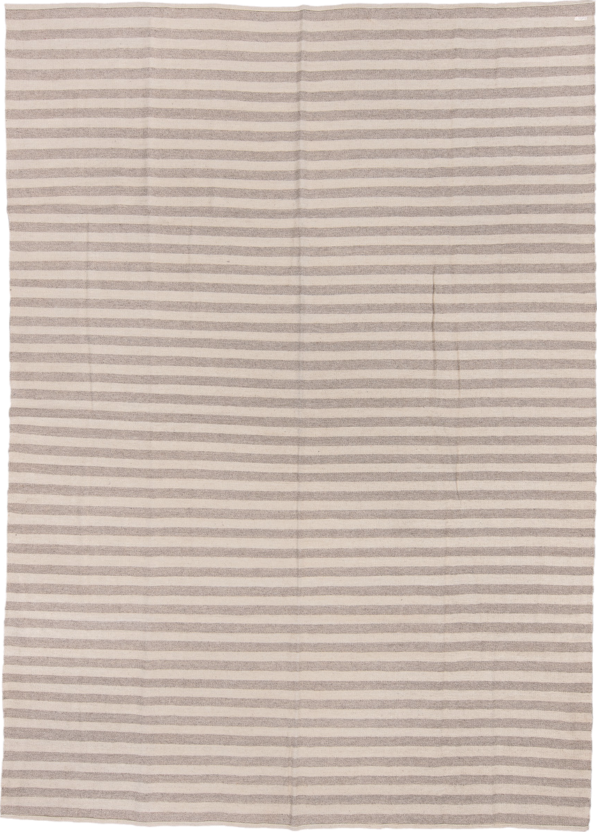 8' x 12' one-of-a-kind handmade vintage Kilim large size rug. Color palette: ivory, taupe, beige, light gray, gray