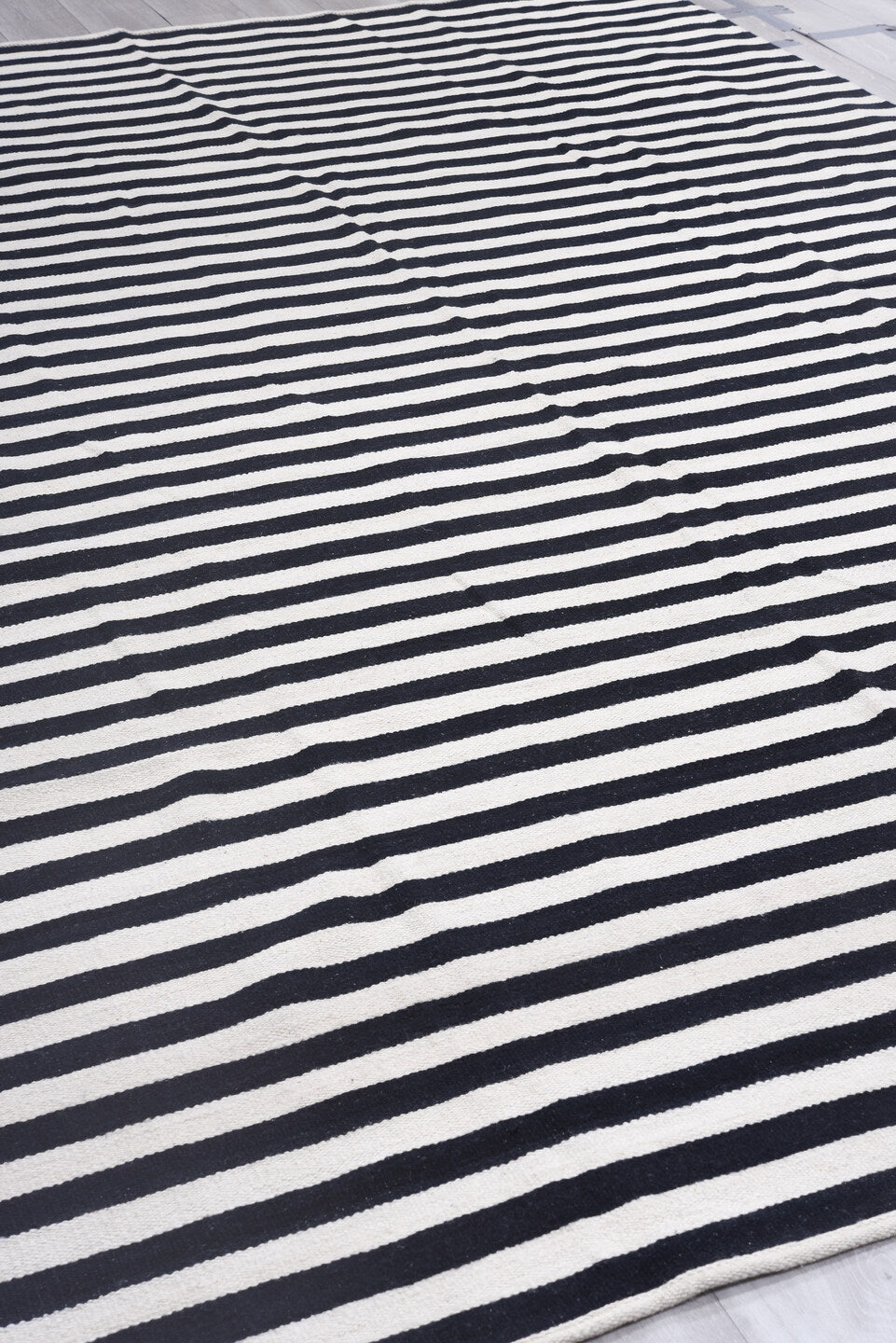 8' x 12' one-of-a-kind handmade vintage Kilim large size rug. Color palette: black, blue, charcoal, dark gray, gainsboro