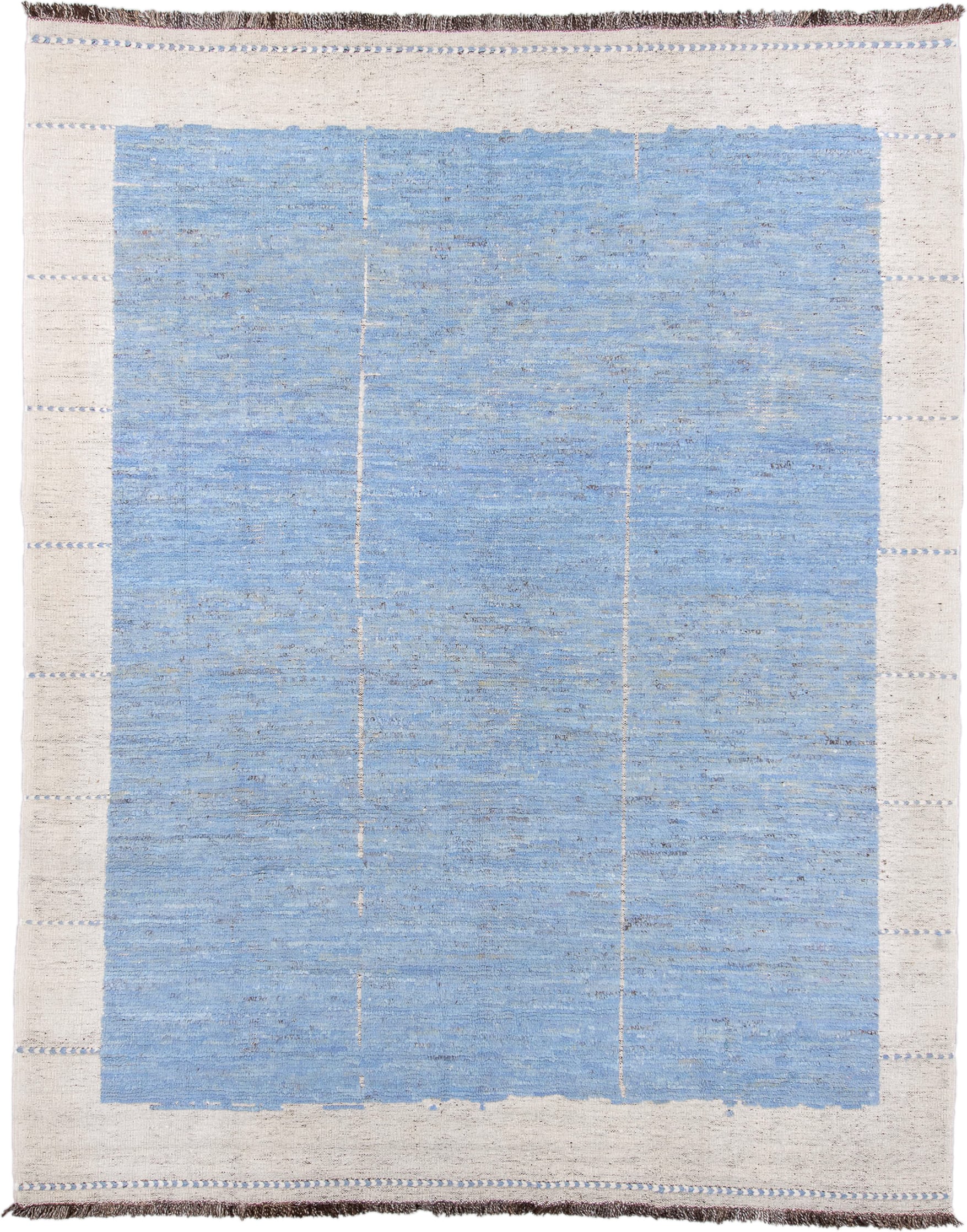 9' x 12' one-of-a-kind handmade vintage Tulu large size rug. Color palette: sky blue, ivory, cream, taupe, charcoal