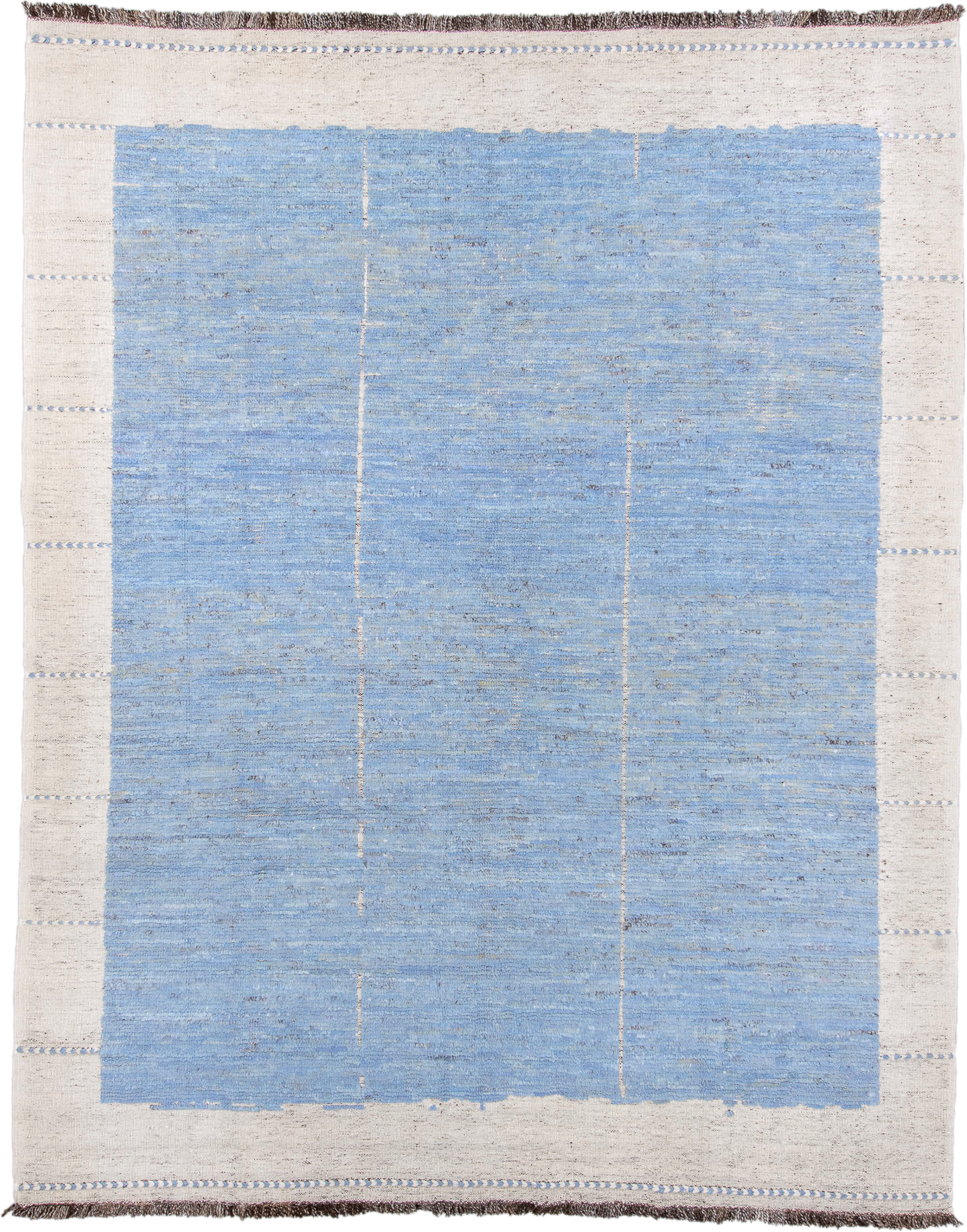 9' x 12' one-of-a-kind handmade vintage Tulu large size rug. Color palette: sky blue, ivory, cream, taupe, charcoal