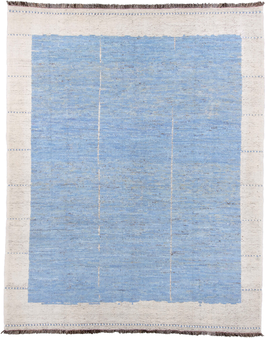 9' x 12' one-of-a-kind handmade vintage Tulu large size rug. Color palette: sky blue, ivory, cream, taupe, charcoal