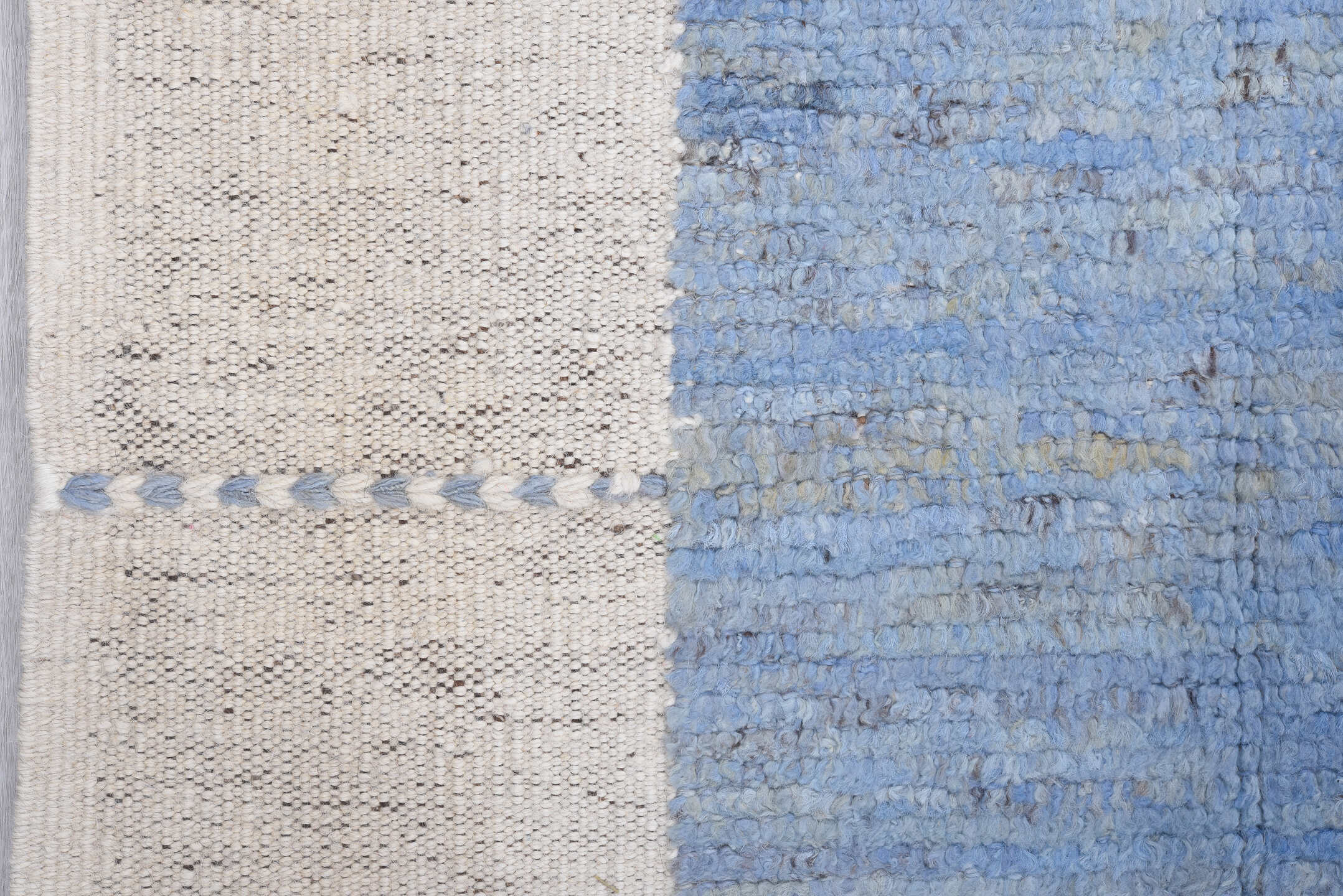9' x 12' one-of-a-kind handmade vintage Tulu large size rug. Color palette: sky blue, ivory, cream, taupe, charcoal