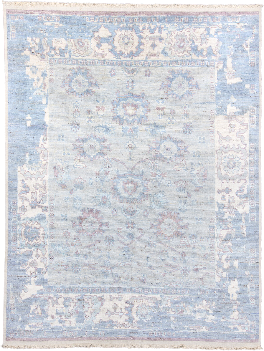 9' x 12' one-of-a-kind handmade vintage Tulu large size rug. Color palette: pale blue, ivory, lavender, blush, cream