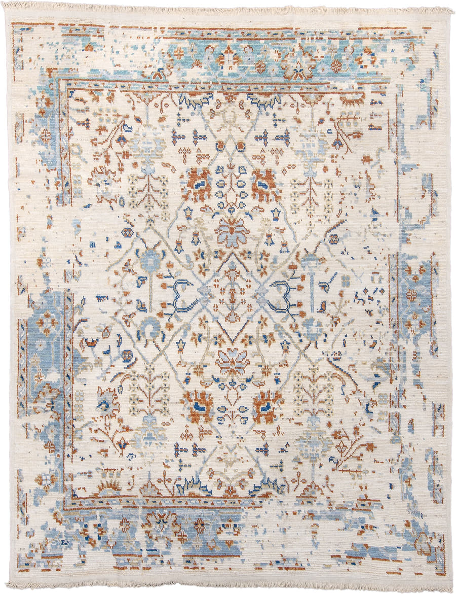 9' x 12' one-of-a-kind handmade vintage Tulu large size rug. Color palette: ivory, pale blue, rust, beige, cobalt