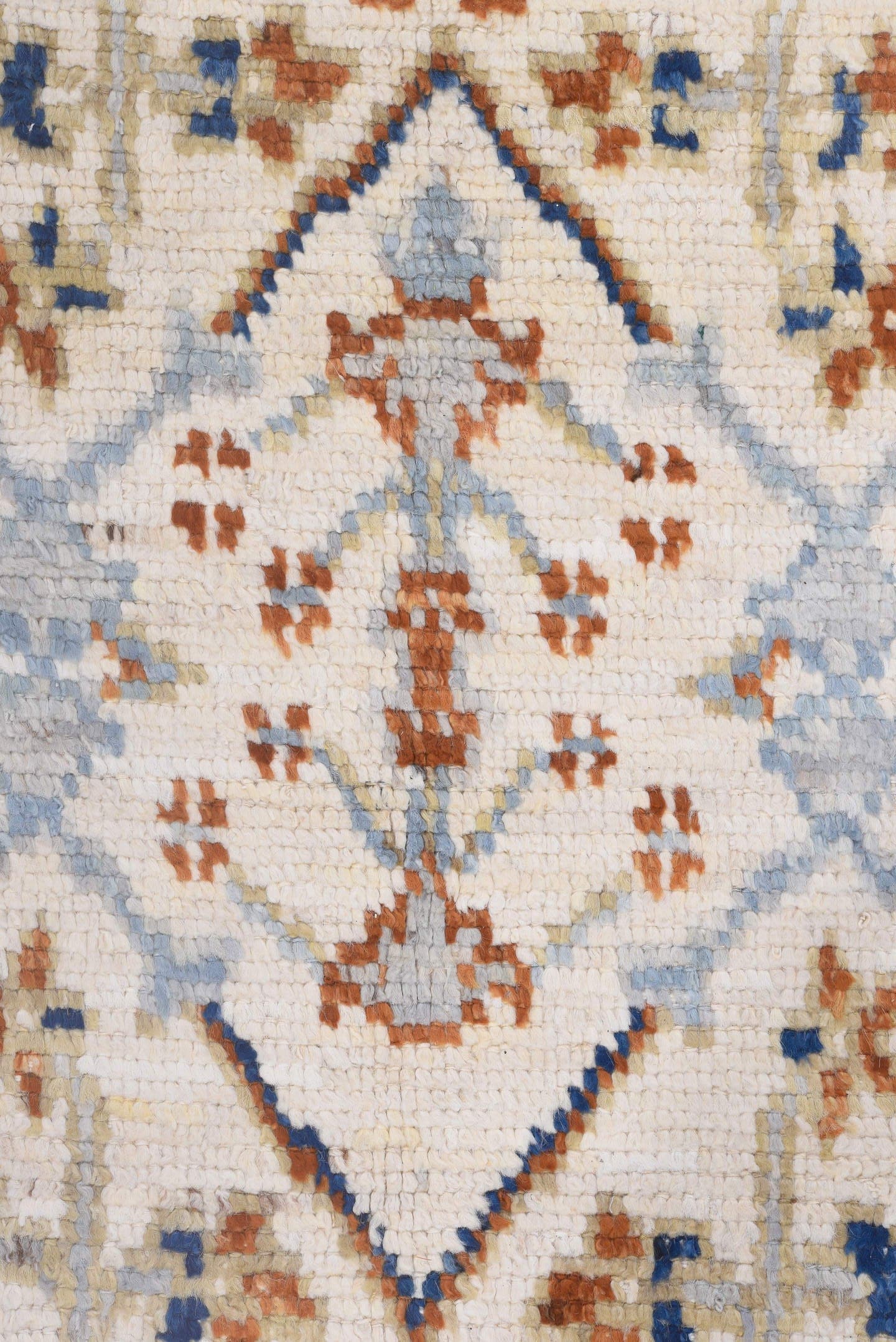 9' x 12' one-of-a-kind handmade vintage Tulu large size rug. Color palette: ivory, pale blue, rust, beige, cobalt
