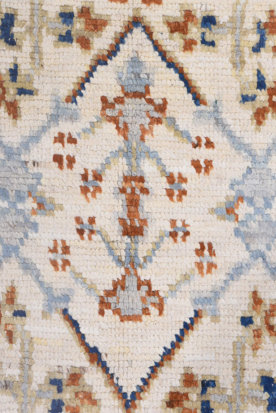 9' x 12' one-of-a-kind handmade vintage Tulu large size rug. Color palette: ivory, pale blue, rust, beige, cobalt