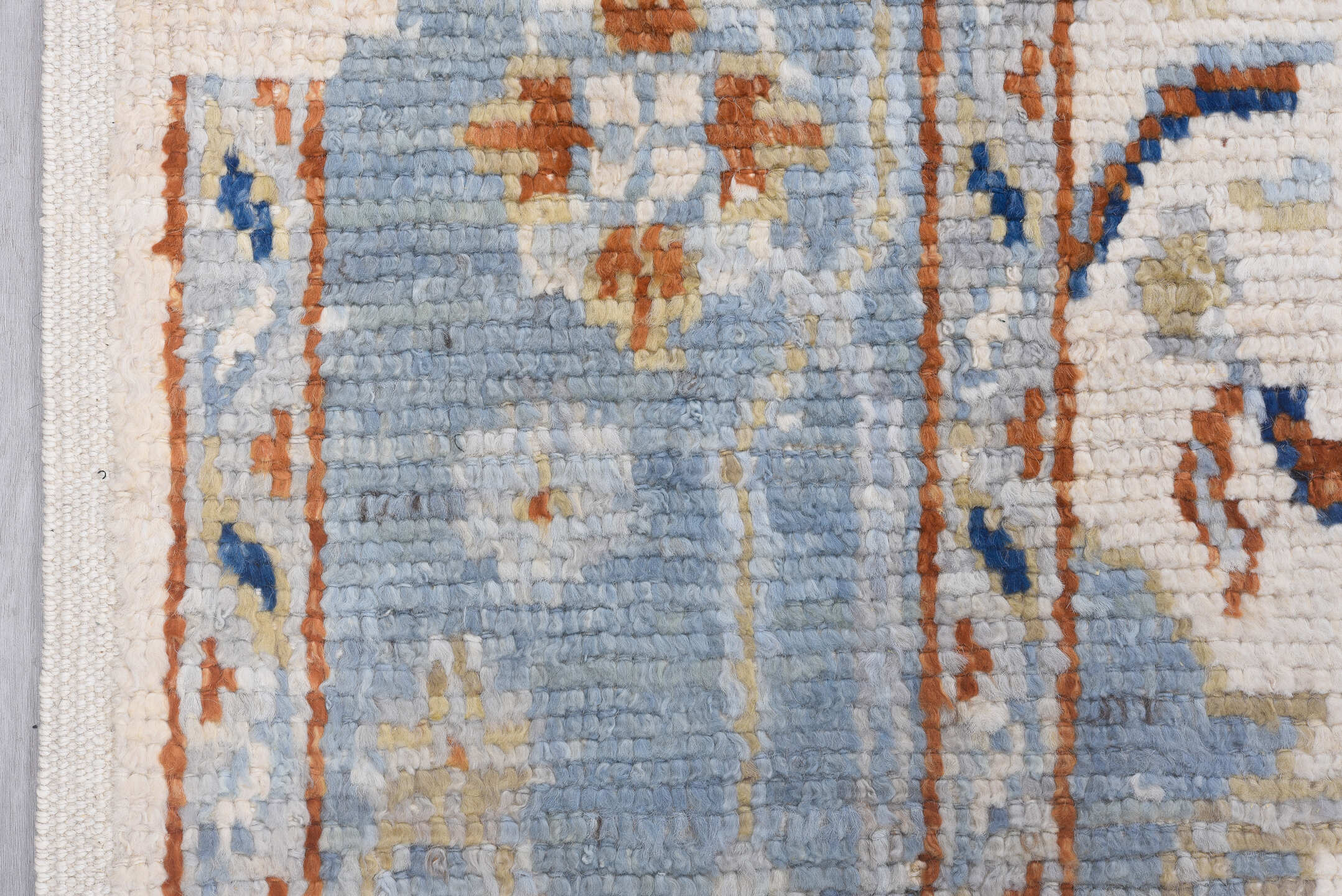 9' x 12' one-of-a-kind handmade vintage Tulu large size rug. Color palette: ivory, pale blue, rust, beige, cobalt