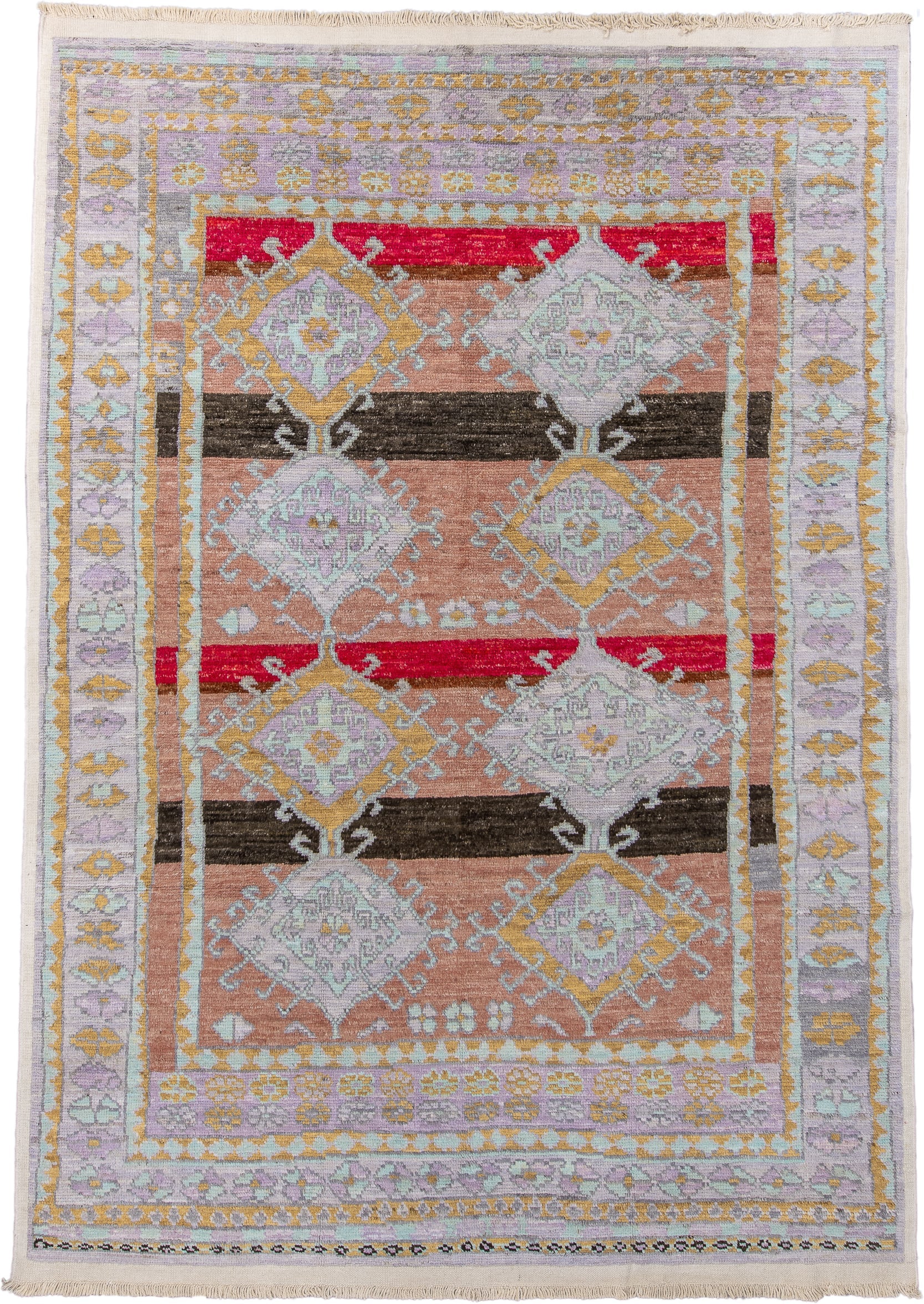 8' x 12' one-of-a-kind handmade vintage Tulu large size rug. Color palette: peach, lavender, ivory, gold, crimson, charcoal