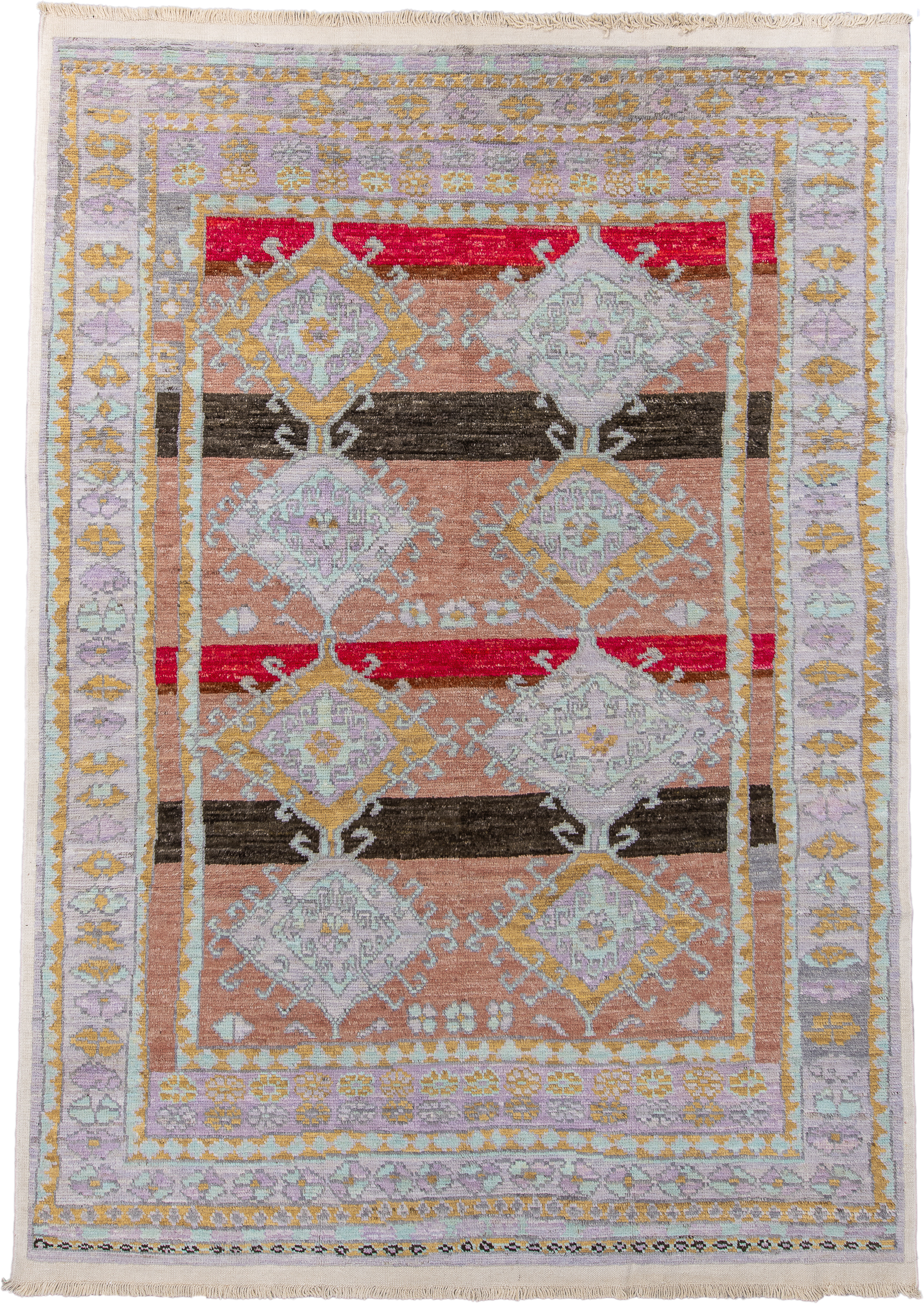 8' x 12' one-of-a-kind handmade vintage Tulu large size rug. Color palette: peach, lavender, ivory, gold, crimson, charcoal