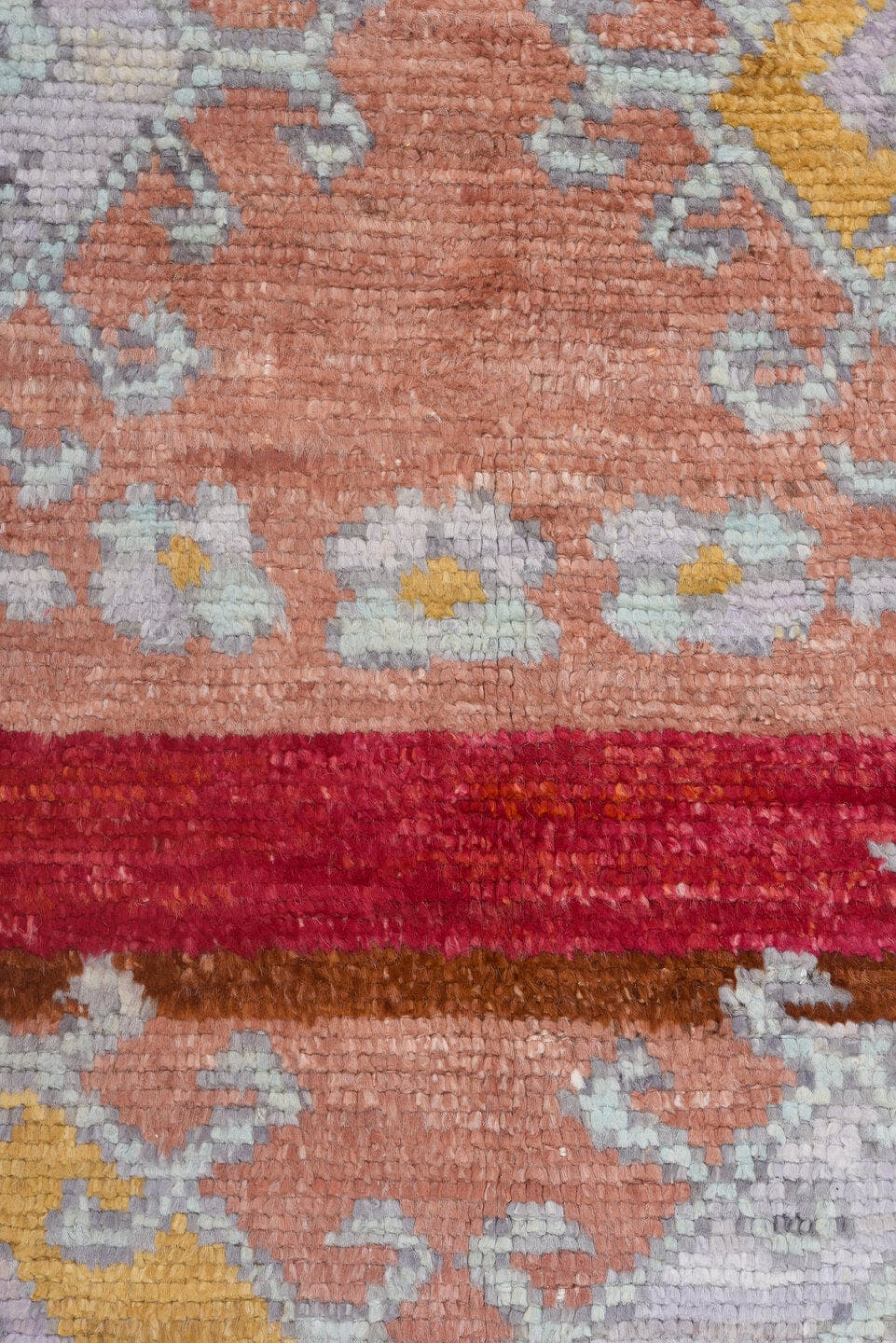 8' x 12' one-of-a-kind handmade vintage Tulu large size rug. Color palette: peach, lavender, ivory, gold, crimson, charcoal