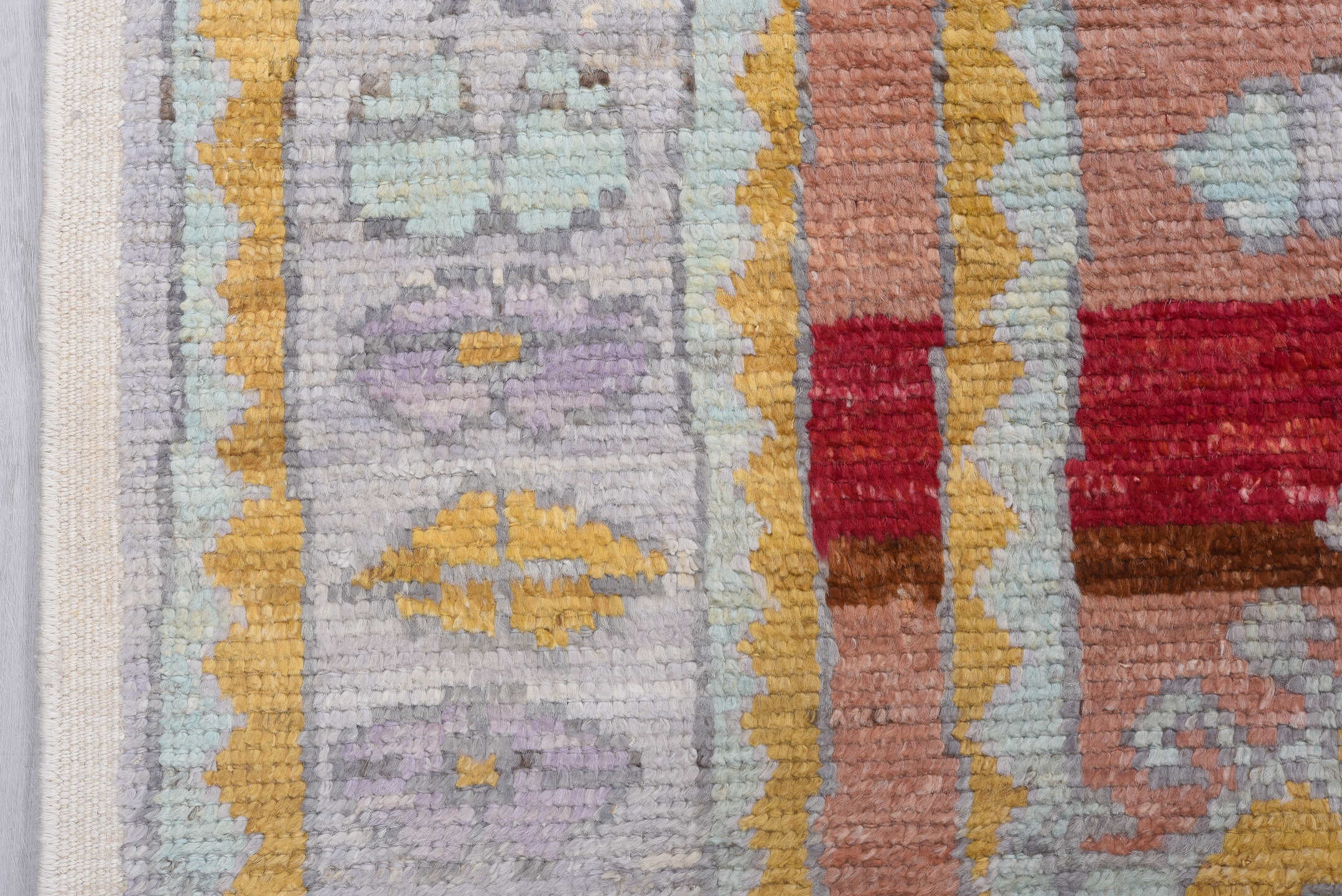 8' x 12' one-of-a-kind handmade vintage Tulu large size rug. Color palette: peach, lavender, ivory, gold, crimson, charcoal