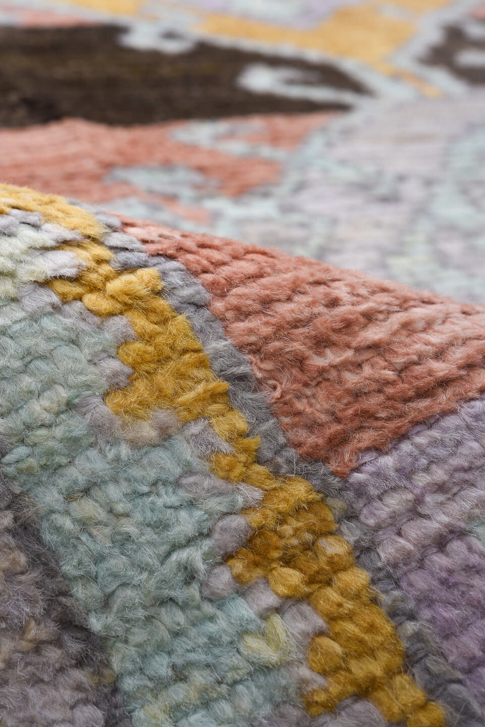 8' x 12' one-of-a-kind handmade vintage Tulu large size rug. Color palette: peach, lavender, ivory, gold, crimson, charcoal