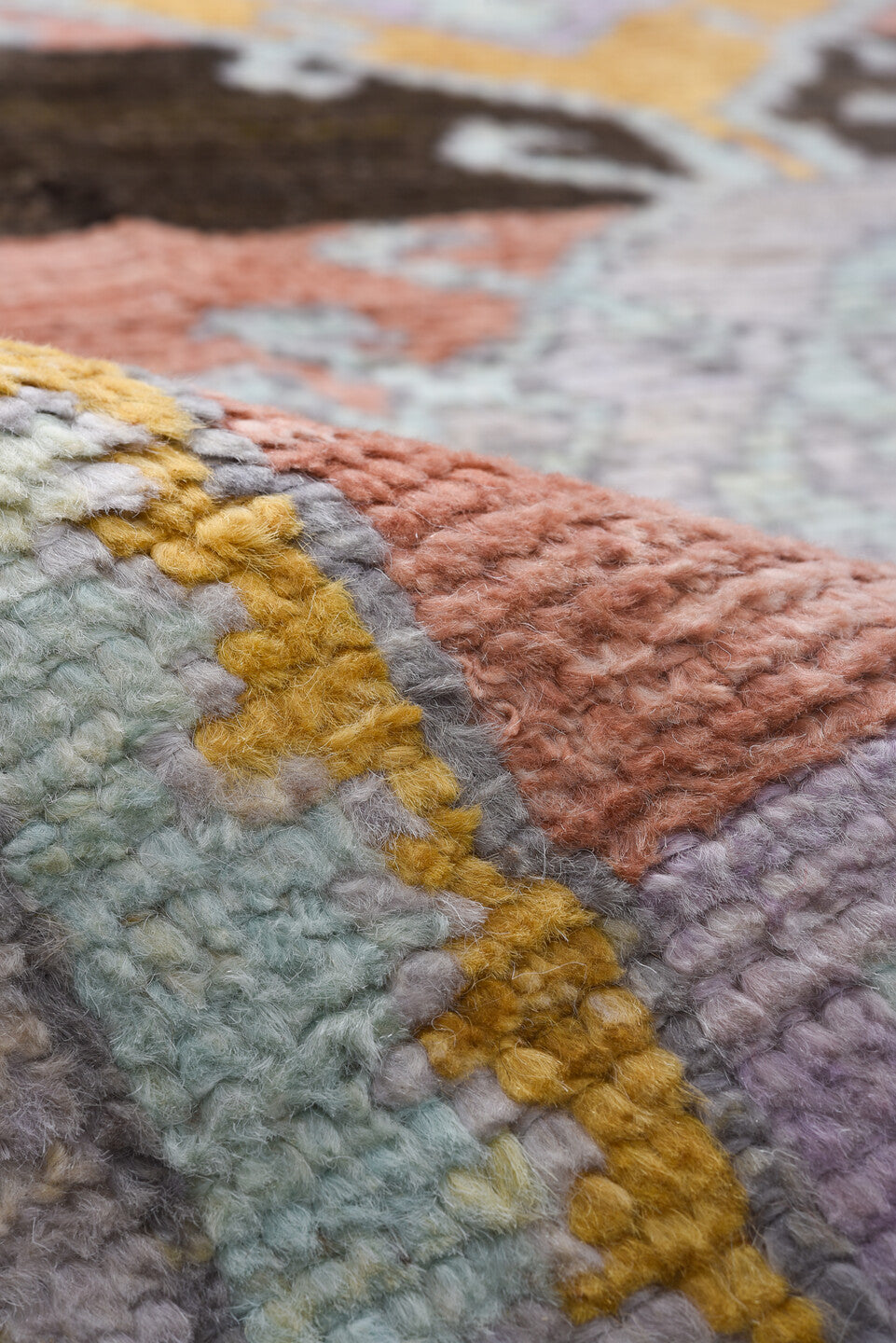 8' x 12' one-of-a-kind handmade vintage Tulu large size rug. Color palette: peach, lavender, ivory, gold, crimson, charcoal