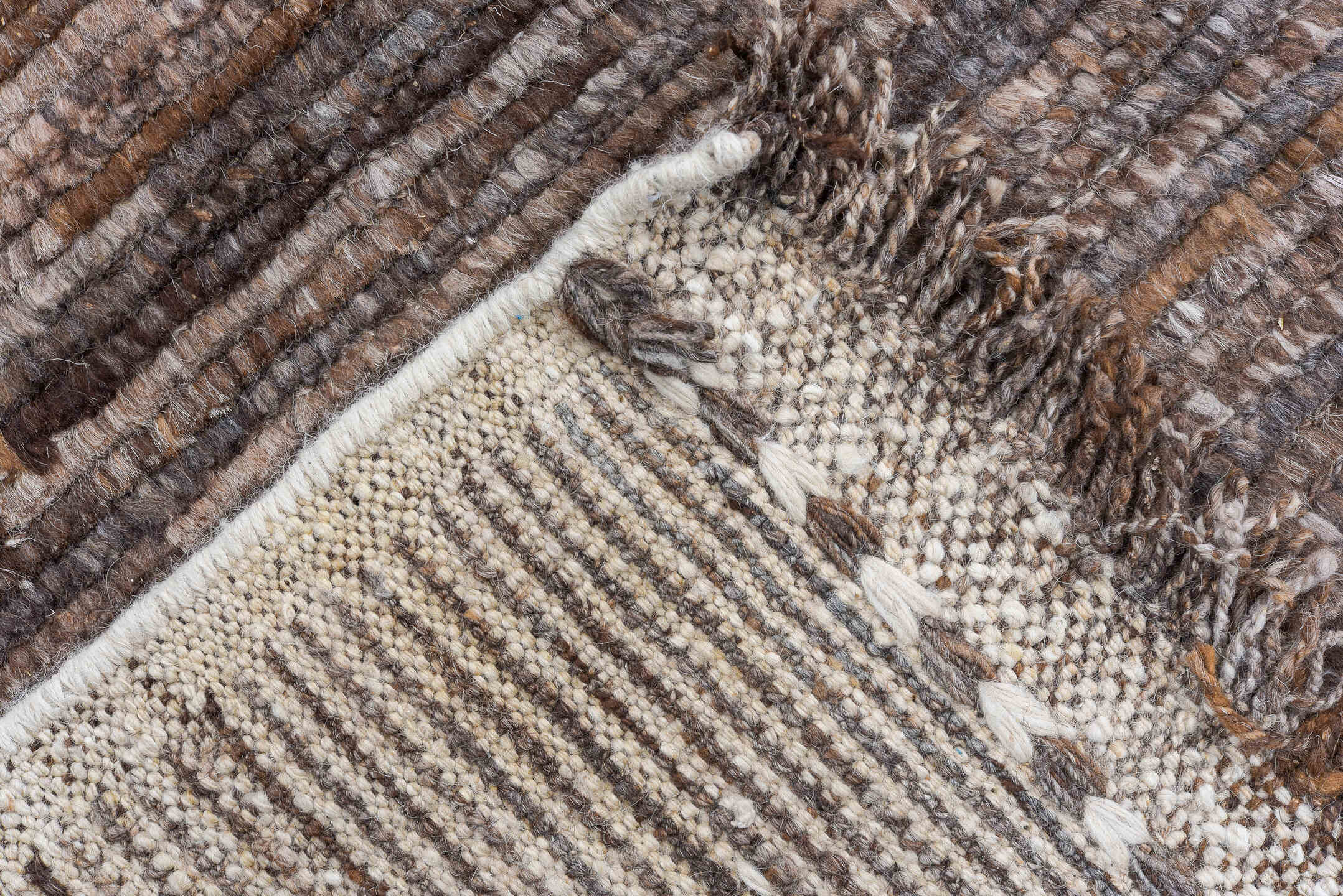 10' x 12' one-of-a-kind handmade vintage Tulu large size rug. Color palette: brown, taupe, ivory, charcoal, camel, beige