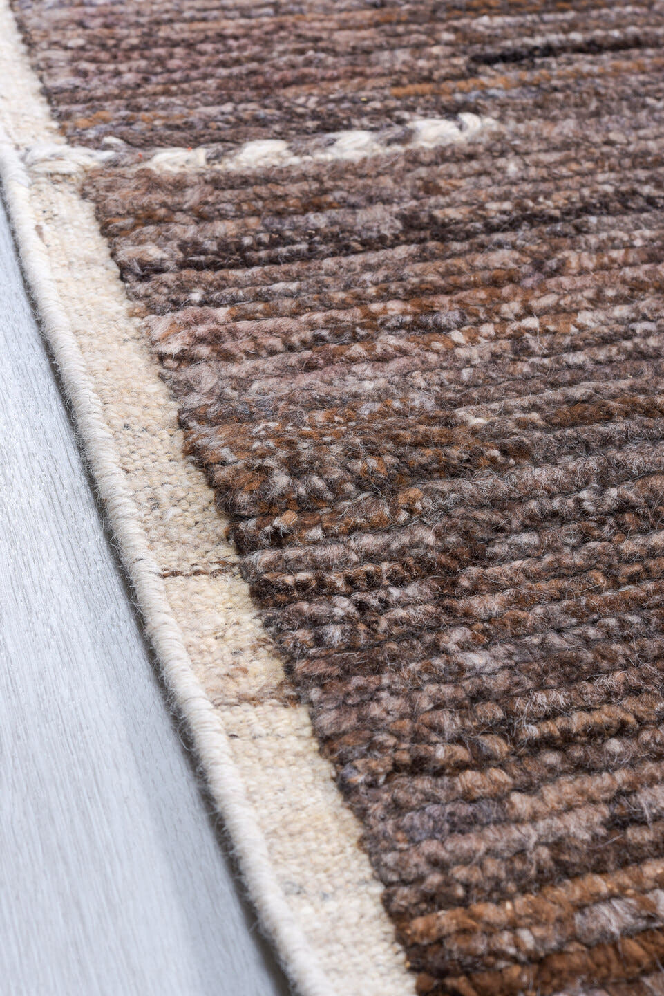 10' x 12' one-of-a-kind handmade vintage Tulu large size rug. Color palette: brown, taupe, ivory, charcoal, camel, beige