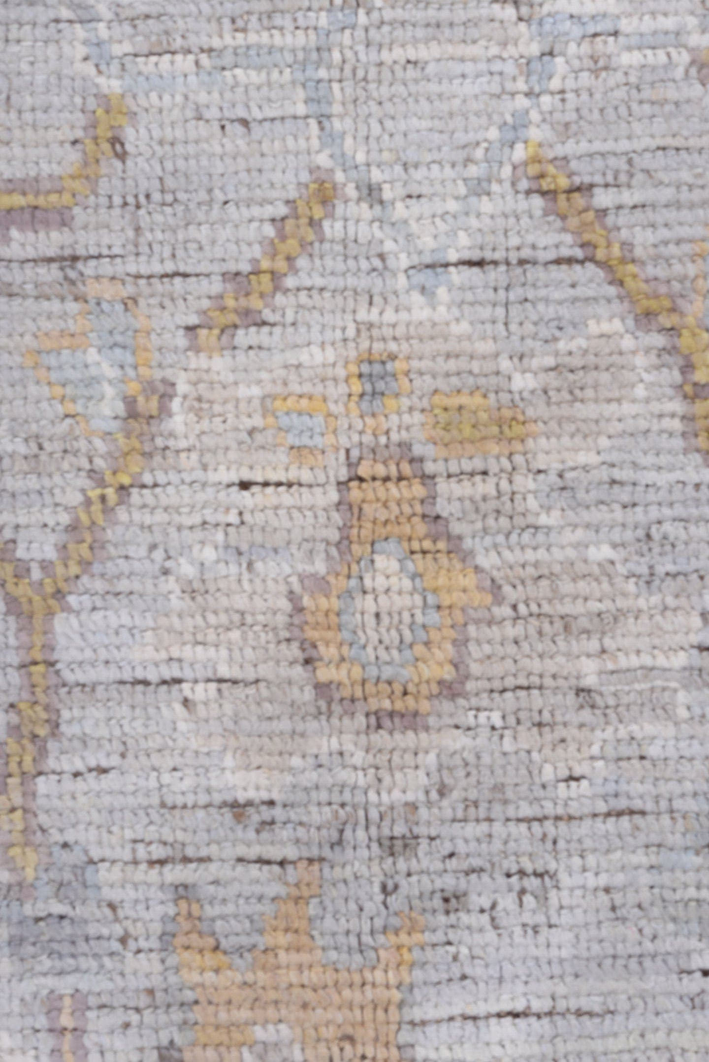 9' x 12' one-of-a-kind handmade vintage Tulu large size rug. Color palette: ivory, light gray, gold, blush, pale blue, taupe