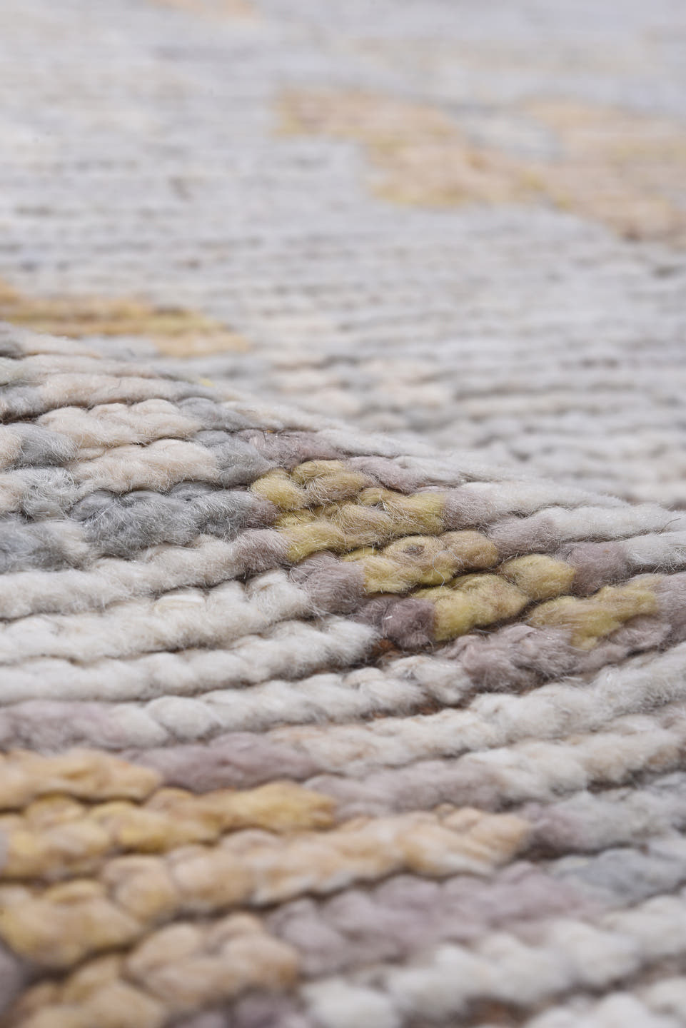 9' x 12' one-of-a-kind handmade vintage Tulu large size rug. Color palette: ivory, light gray, gold, blush, pale blue, taupe