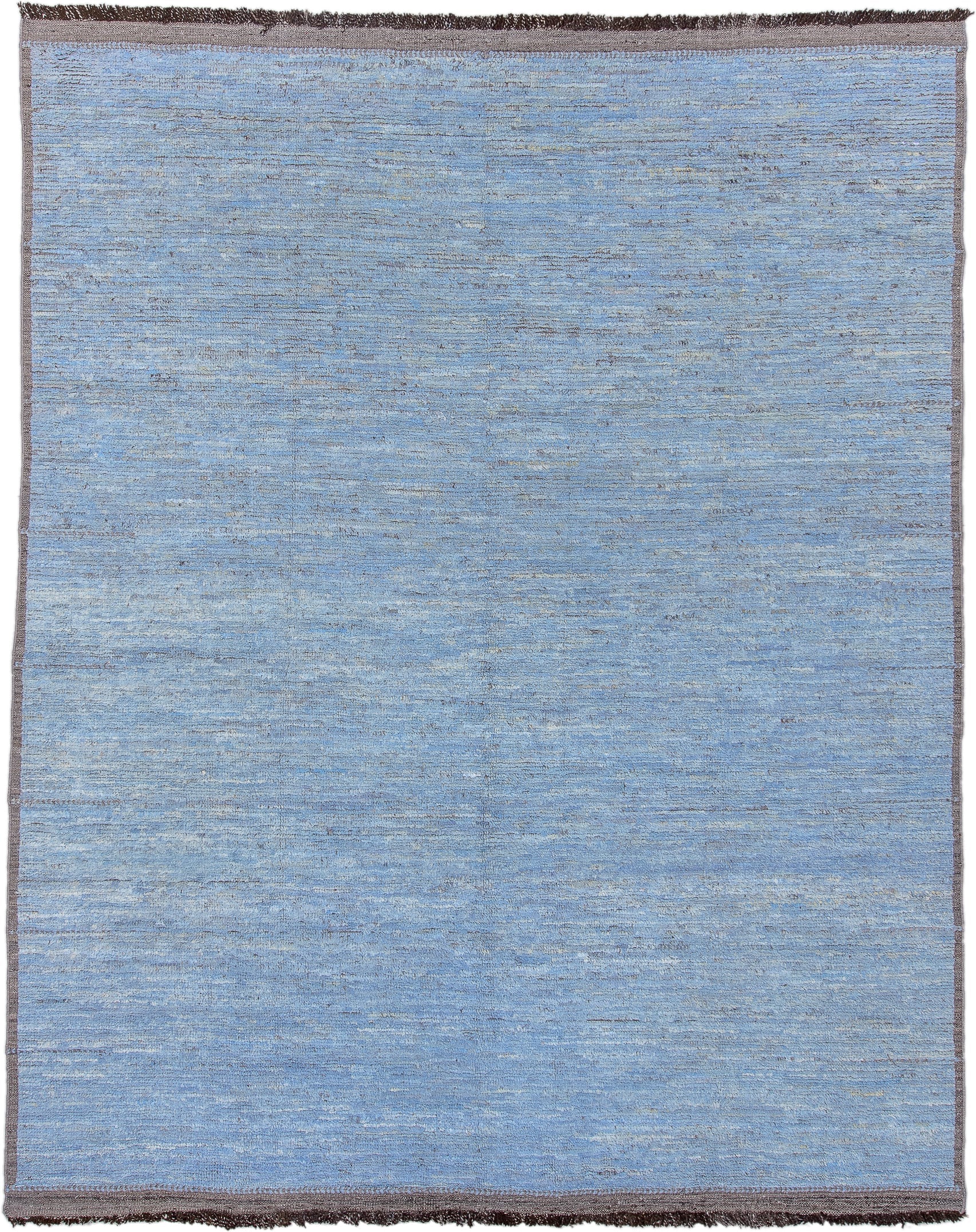 9' x 11' one-of-a-kind handmade vintage Tulu large size rug. Color palette: sky blue, slate, charcoal, ivory, light blue