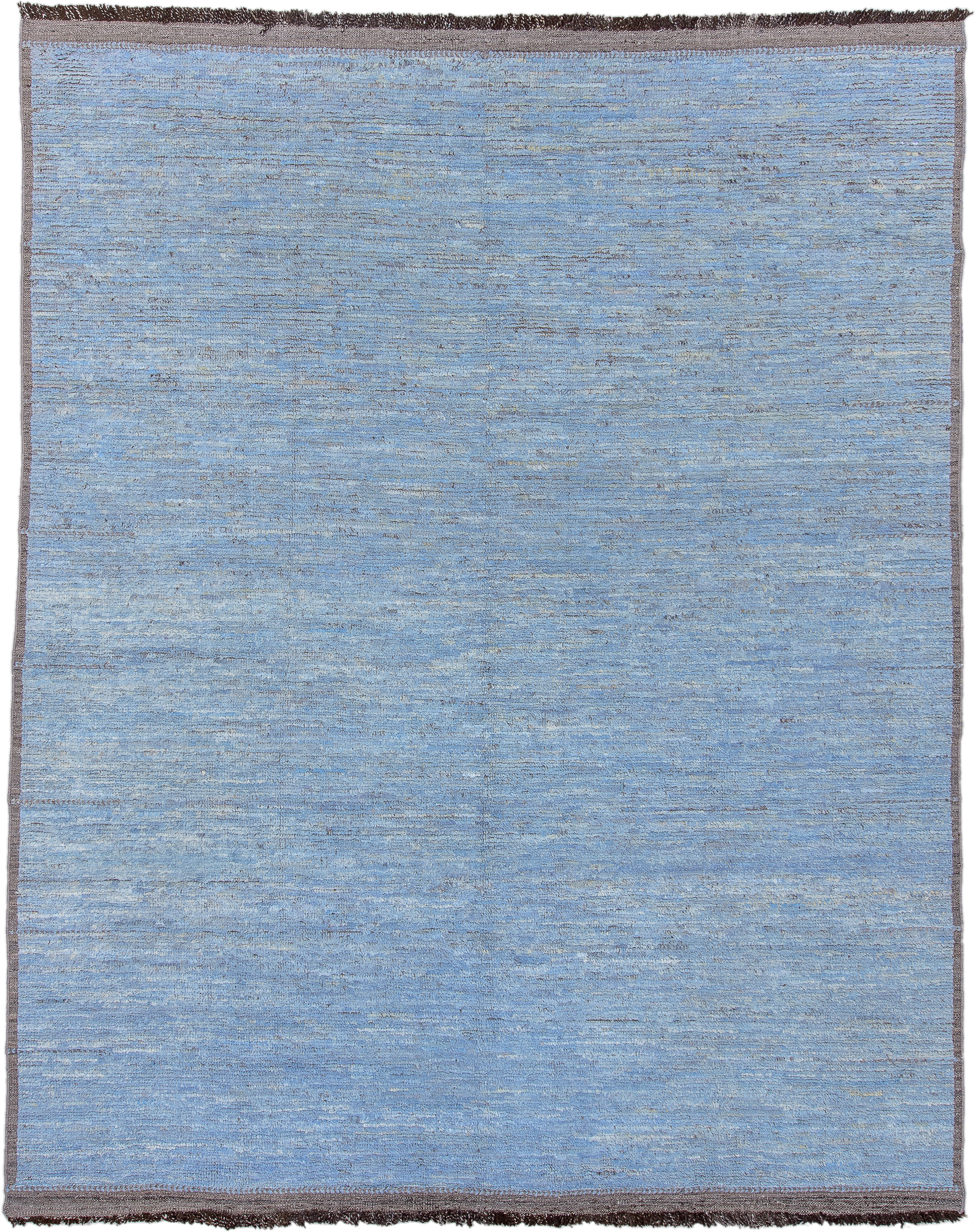 9' x 11' one-of-a-kind handmade vintage Tulu large size rug. Color palette: sky blue, slate, charcoal, ivory, light blue