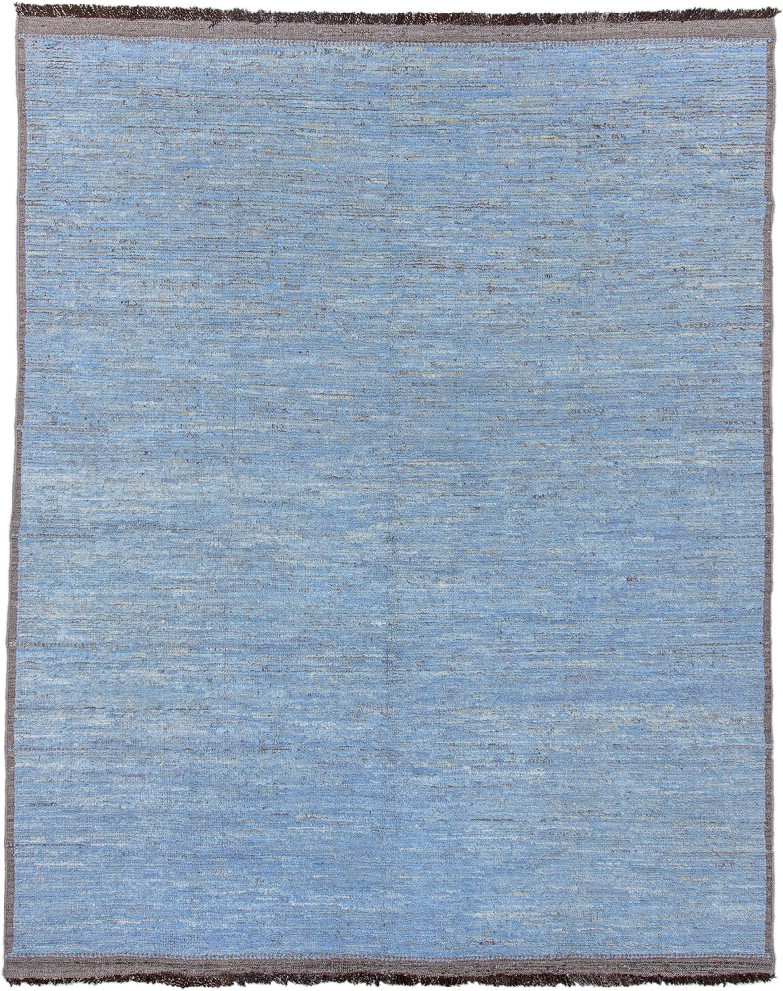 9' x 11' one-of-a-kind handmade vintage Tulu large size rug. Color palette: sky blue, slate, charcoal, ivory, light blue