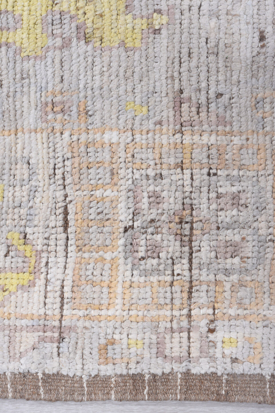 9' x 12' one-of-a-kind handmade vintage Tulu large size rug. Color palette: ivory, taupe, pale_gold, soft_gray, beige, camel