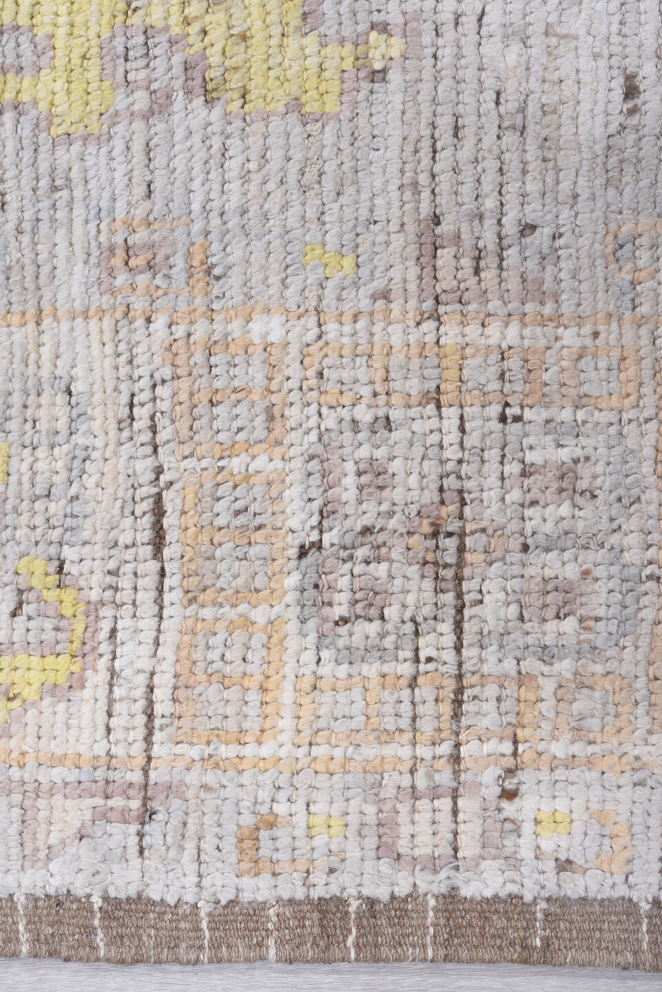 9' x 12' one-of-a-kind handmade vintage Tulu large size rug. Color palette: ivory, taupe, pale_gold, soft_gray, beige, camel