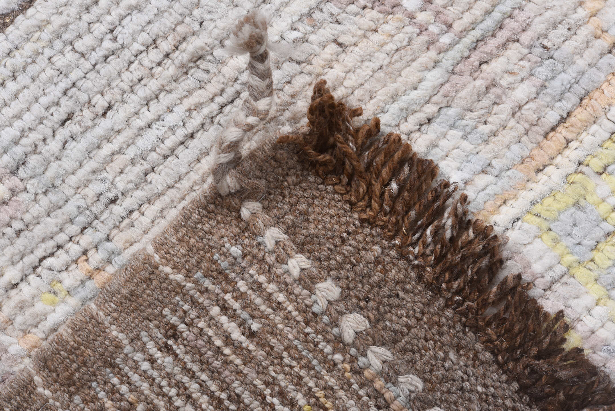 9' x 12' one-of-a-kind handmade vintage Tulu large size rug. Color palette: ivory, taupe, pale_gold, soft_gray, beige, camel