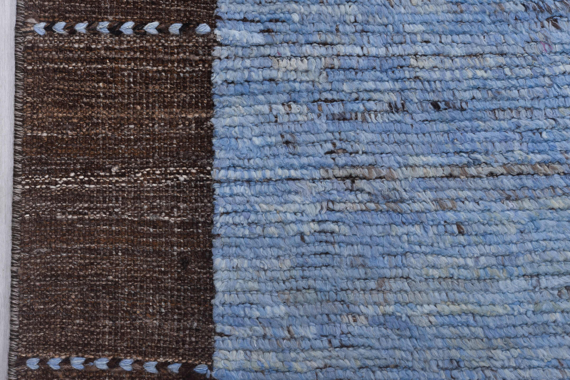 9' x 12' one-of-a-kind handmade vintage Tulu large size rug. Color palette: black, blue, brown, gray, light blue, light gray