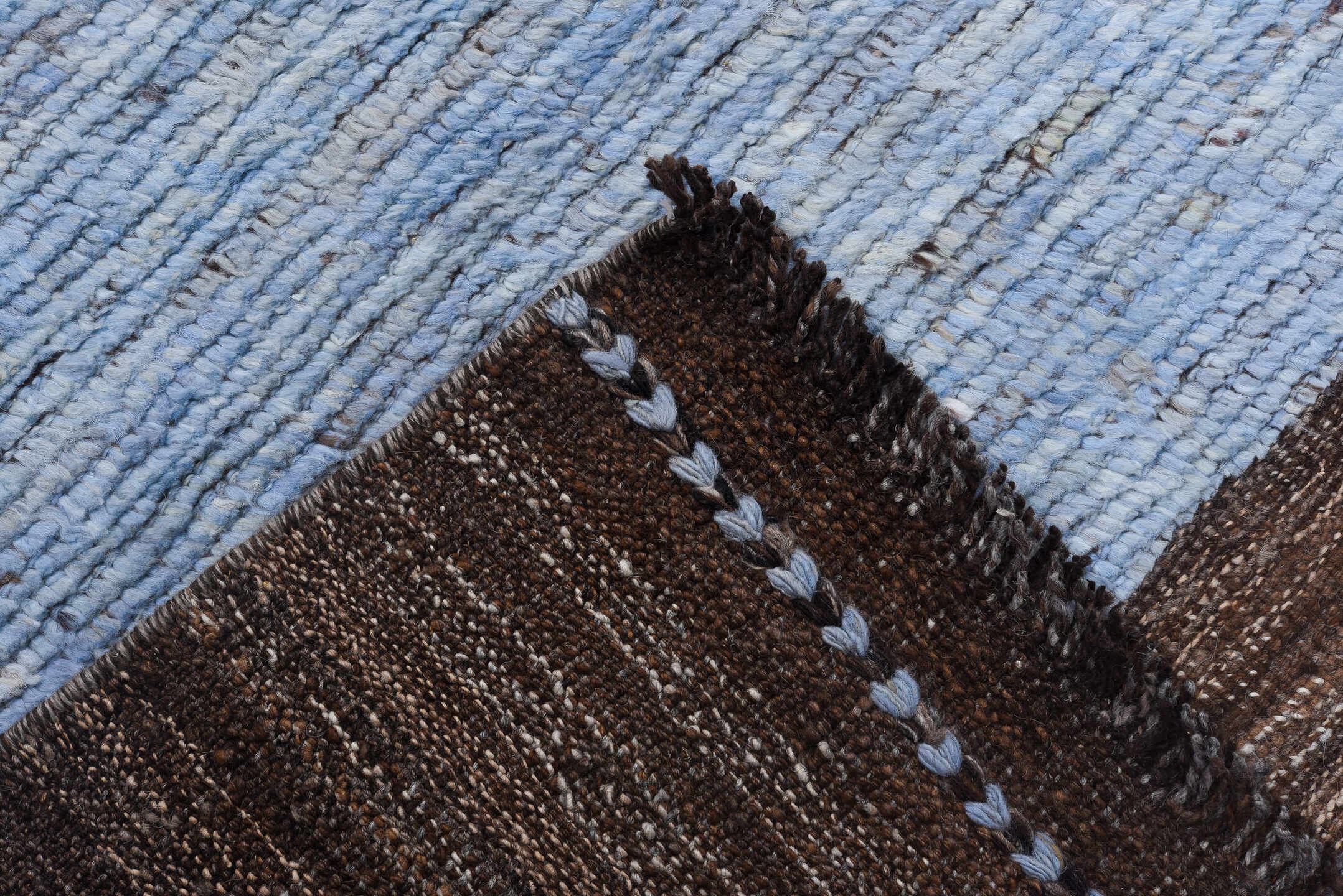 9' x 12' one-of-a-kind handmade vintage Tulu large size rug. Color palette: black, blue, brown, gray, light blue, light gray