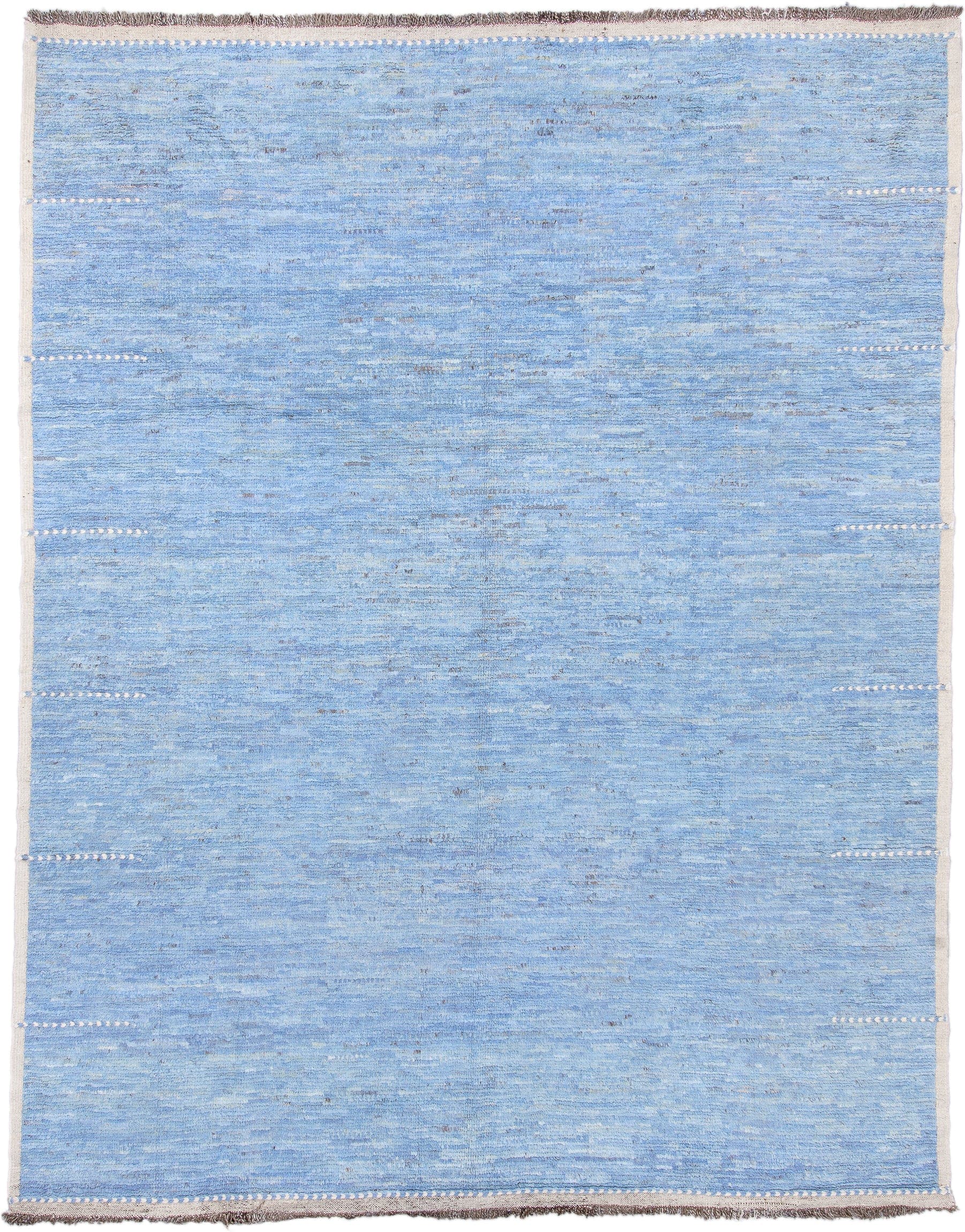 9' x 12' one-of-a-kind handmade vintage Tulu large size rug. Color palette: sky blue, ivory, slate, taupe, light blue, gray