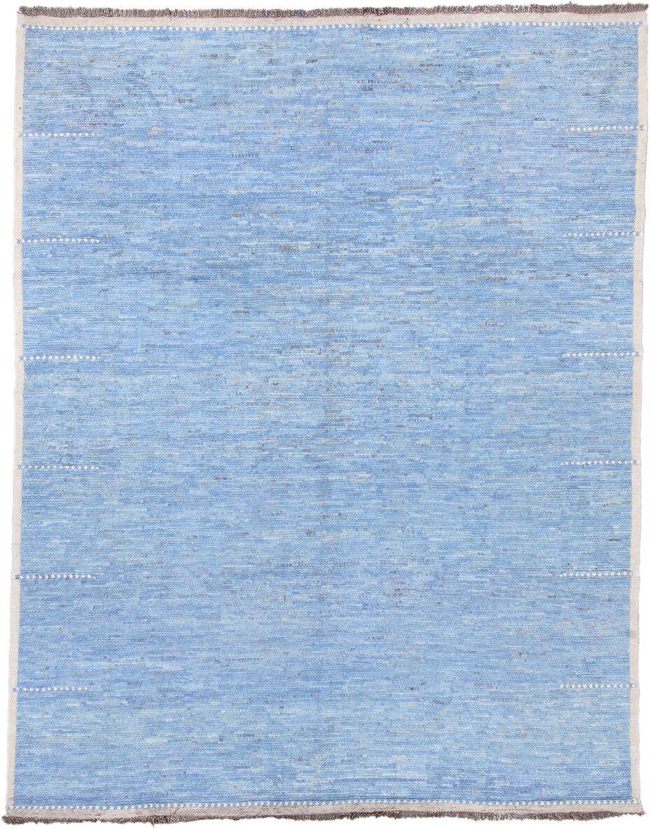 9' x 12' one-of-a-kind handmade vintage Tulu large size rug. Color palette: sky blue, ivory, slate, taupe, light blue, gray