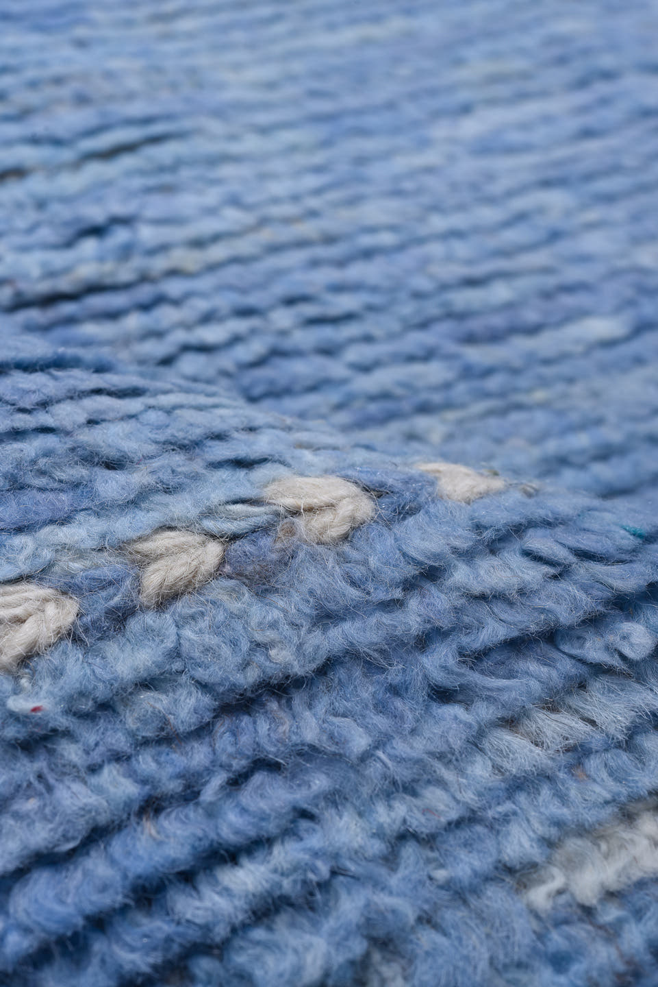 9' x 12' one-of-a-kind handmade vintage Tulu large size rug. Color palette: sky blue, ivory, slate, taupe, light blue, gray