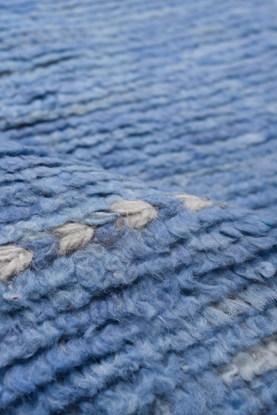 9' x 12' one-of-a-kind handmade vintage Tulu large size rug. Color palette: sky blue, ivory, slate, taupe, light blue, gray