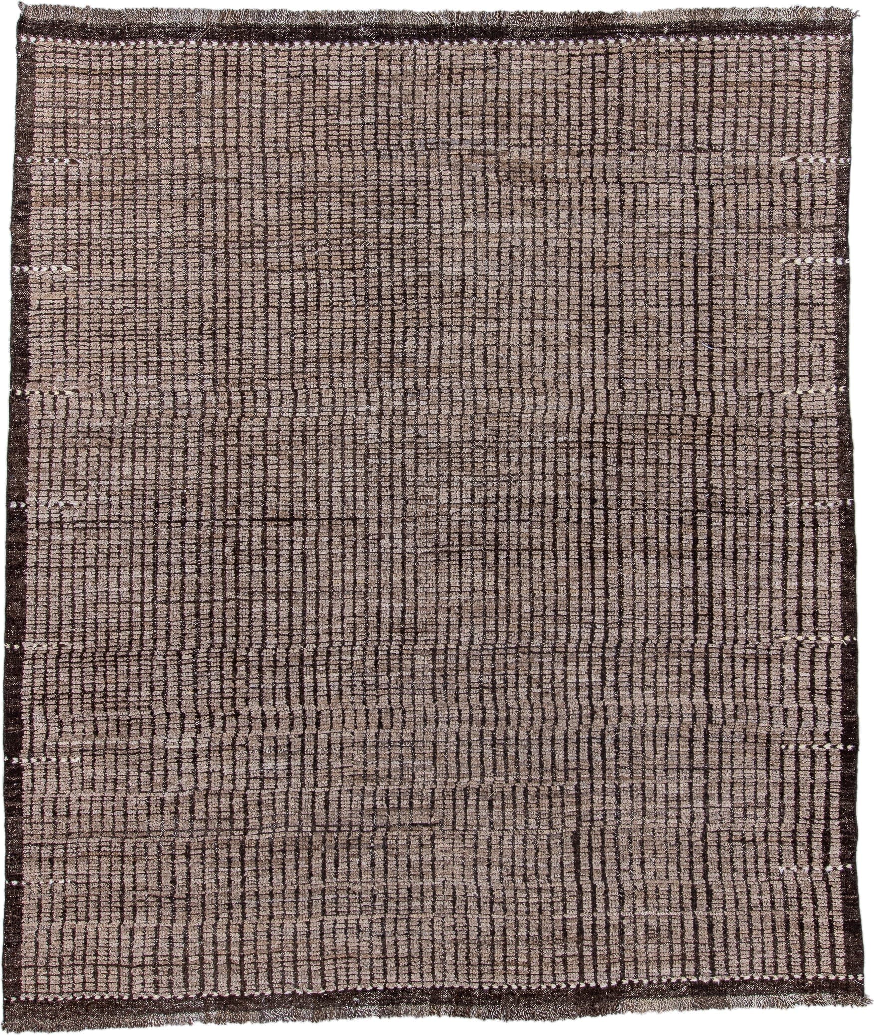 8' x 9' one-of-a-kind handmade vintage Tulu rug. Color palette: taupe, brown, charcoal, ivory, beige, gray, black