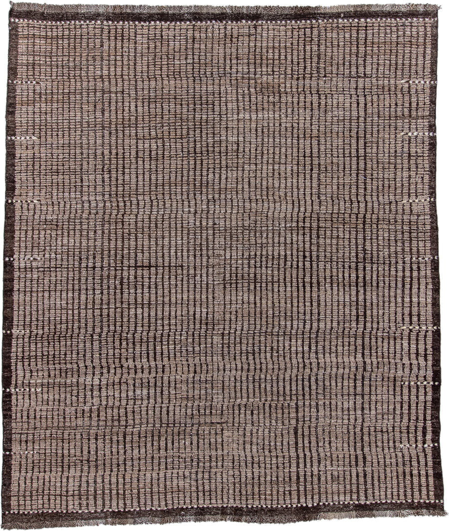 8' x 9' one-of-a-kind handmade vintage Tulu rug. Color palette: taupe, brown, charcoal, ivory, beige, gray, black