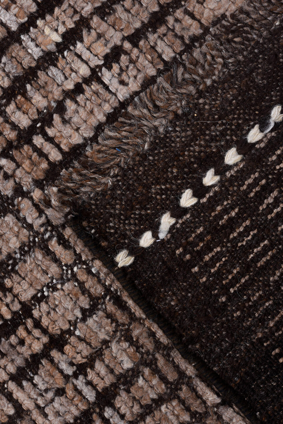 8' x 9' one-of-a-kind handmade vintage Tulu rug. Color palette: taupe, brown, charcoal, ivory, beige, gray, black