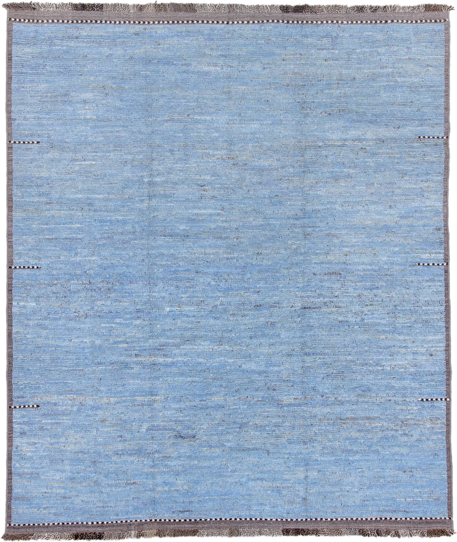 8' x 9' one-of-a-kind handmade vintage Tulu rug. Color palette: sky blue, taupe, ivory, slate, charcoal, light blue, beige