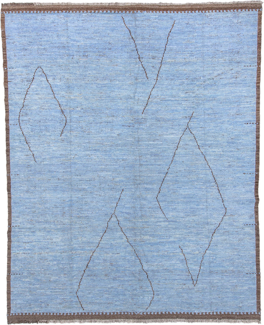 10' x 13' one-of-a-kind handmade vintage Tulu large size rug. Color palette: sky blue, brown, taupe, ivory, light blue