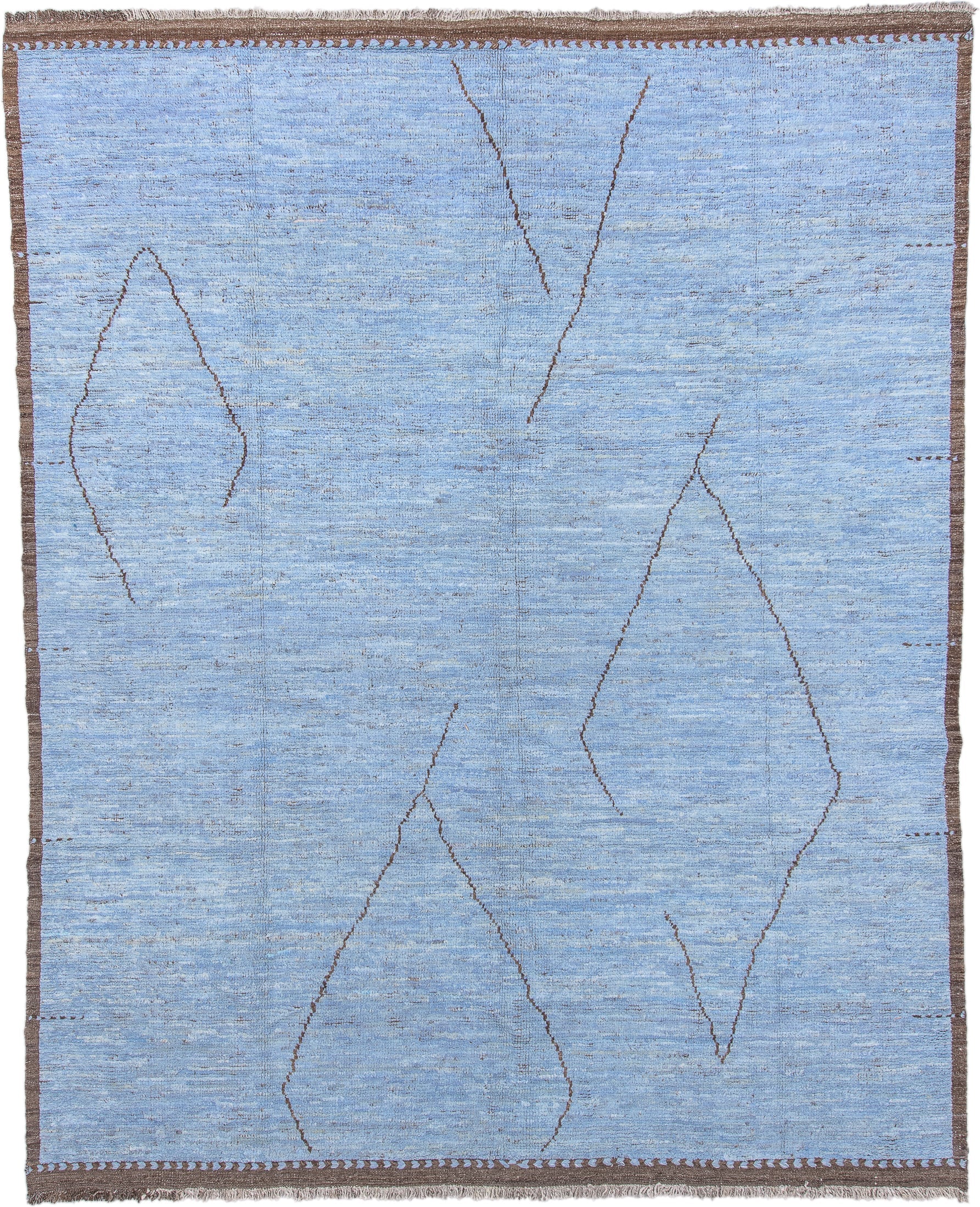 10' x 13' one-of-a-kind handmade vintage Tulu large size rug. Color palette: sky blue, brown, taupe, ivory, light blue