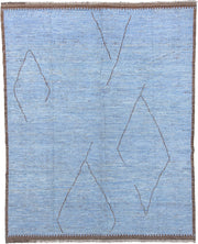 10' x 13' one-of-a-kind handmade vintage Tulu large size rug. Color palette: sky blue, brown, taupe, ivory, light blue
