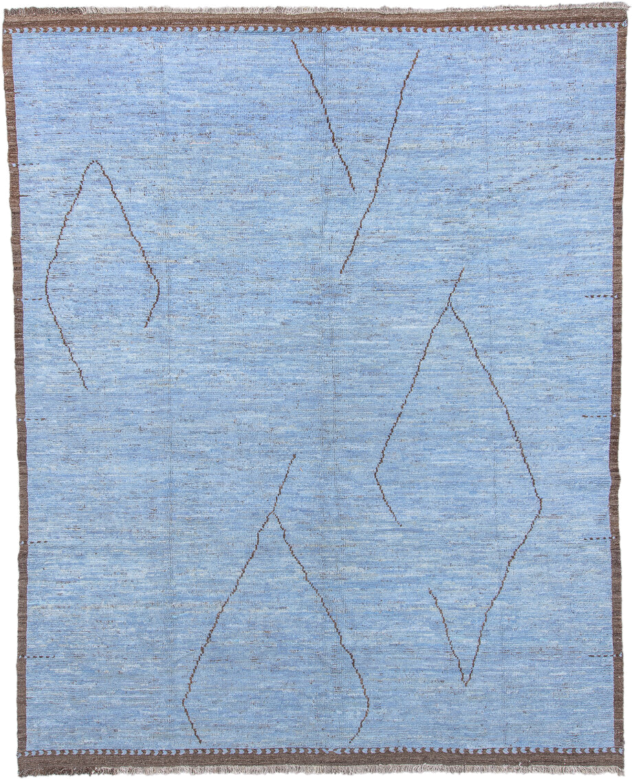 10' x 13' one-of-a-kind handmade vintage Tulu large size rug. Color palette: sky blue, brown, taupe, ivory, light blue