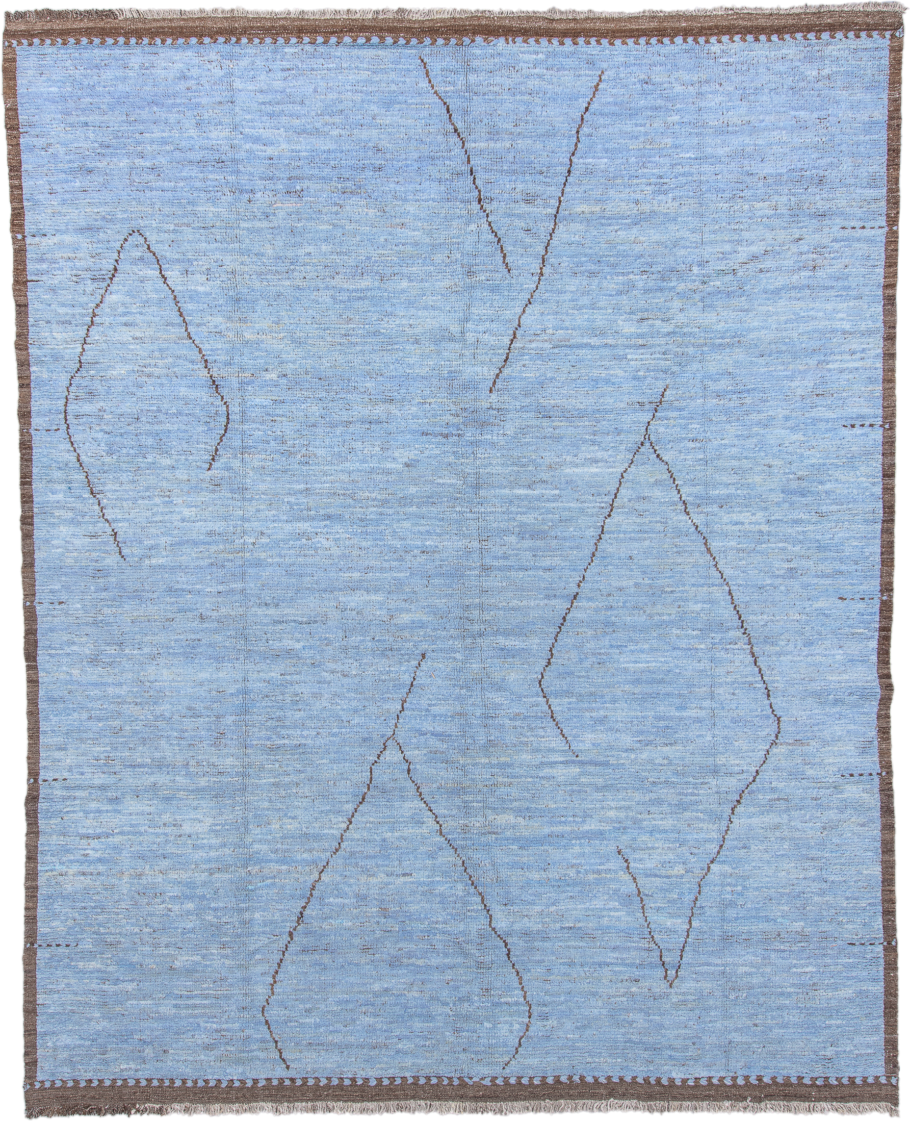 10' x 13' one-of-a-kind handmade vintage Tulu large size rug. Color palette: sky blue, brown, taupe, ivory, light blue