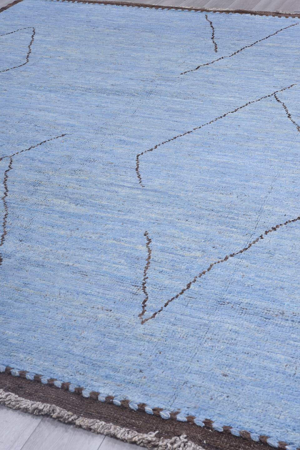 10' x 13' one-of-a-kind handmade vintage Tulu large size rug. Color palette: sky blue, brown, taupe, ivory, light blue