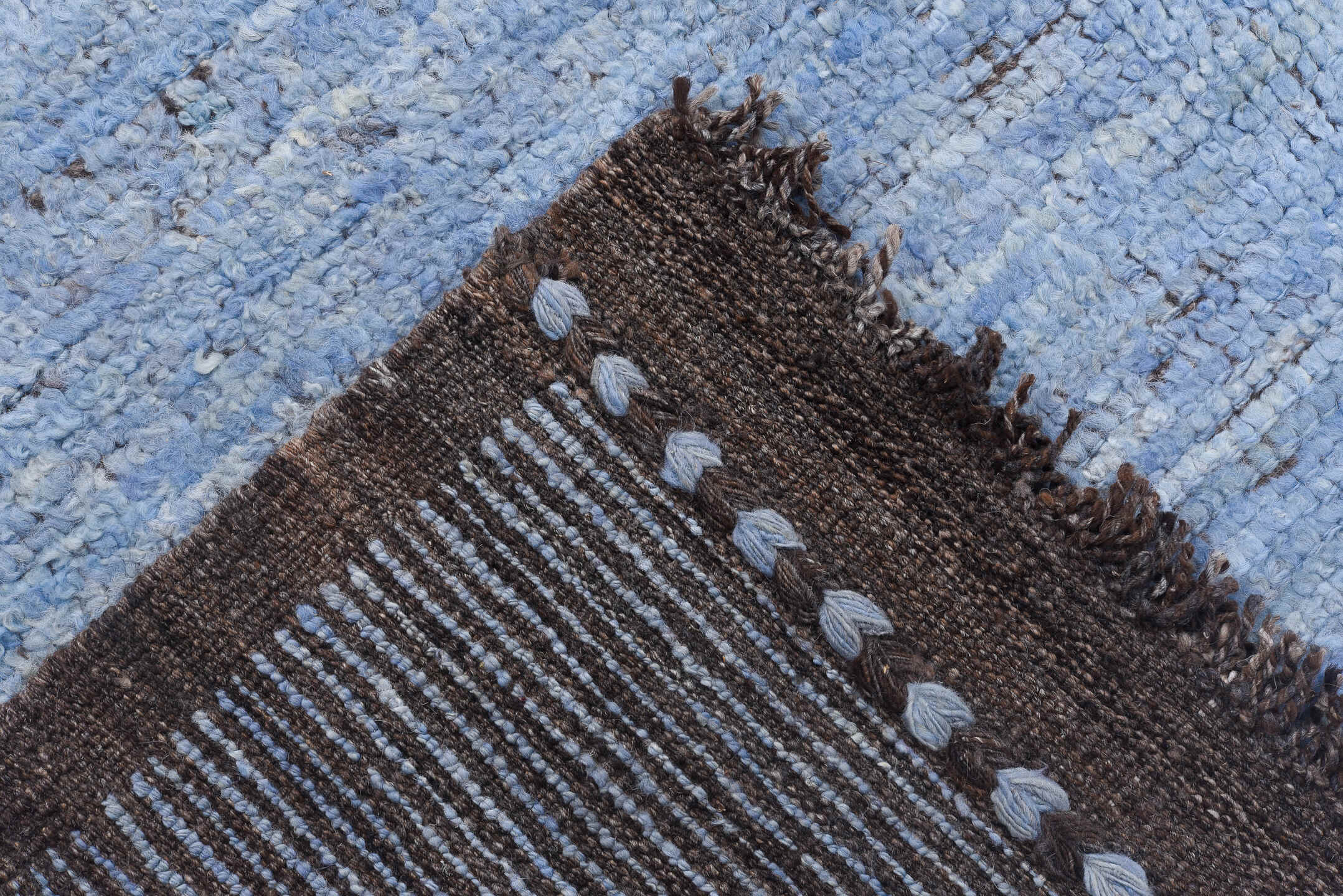 10' x 13' one-of-a-kind handmade vintage Tulu large size rug. Color palette: sky blue, brown, taupe, ivory, light blue