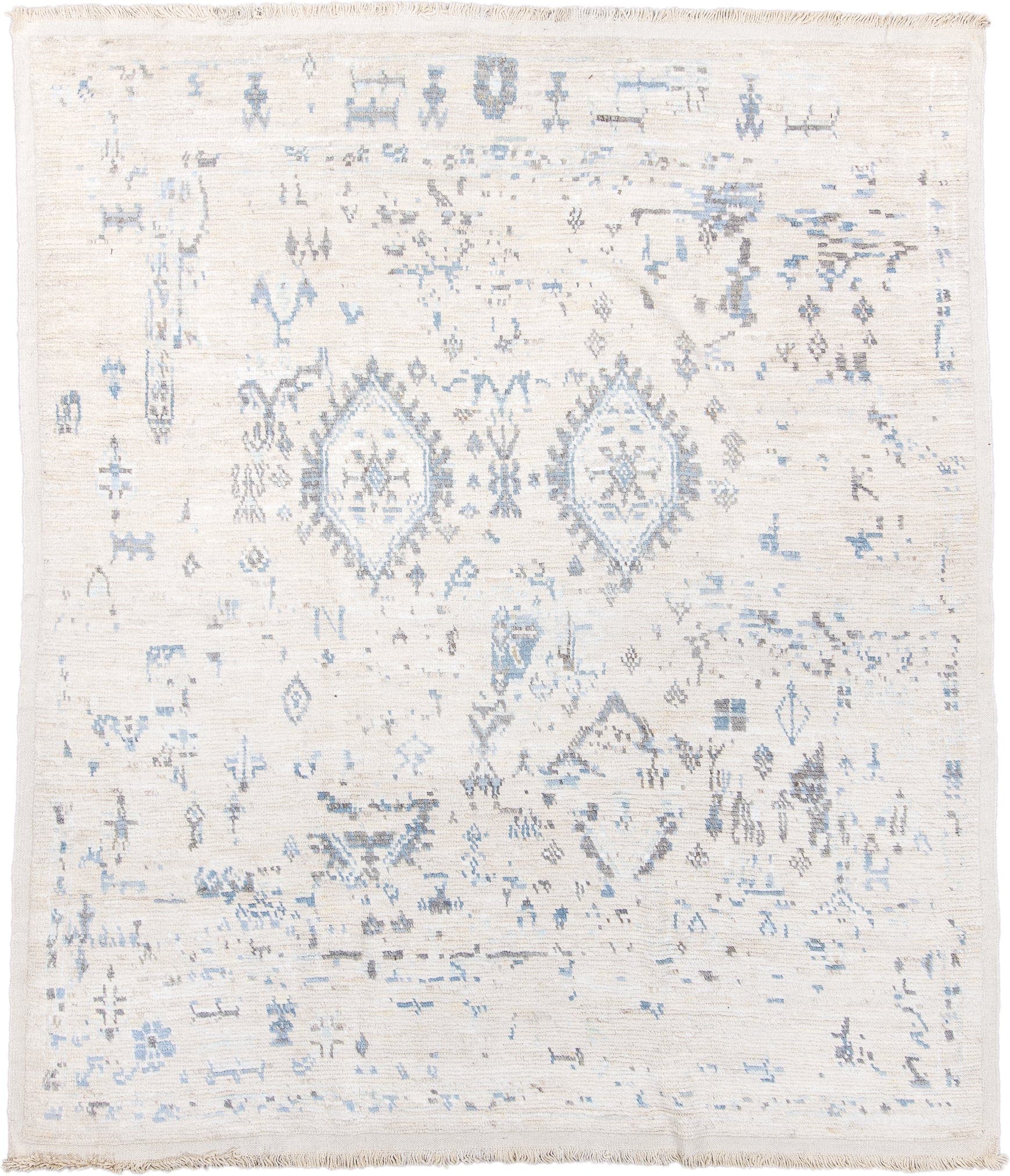 8' x 9' one-of-a-kind handmade vintage Tulu rug. Color palette: ivory, pale blue, light gray, cream, taupe, light blue