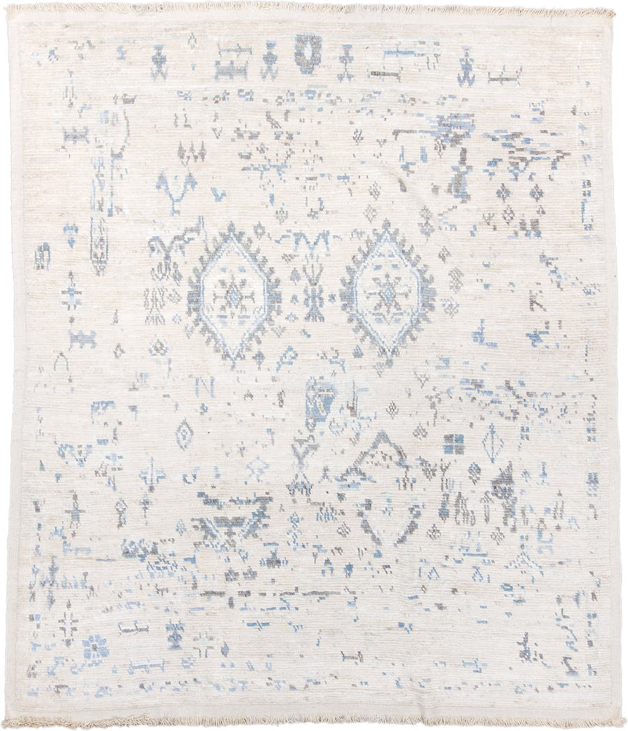 8' x 9' one-of-a-kind handmade vintage Tulu rug. Color palette: ivory, pale blue, light gray, cream, taupe, light blue