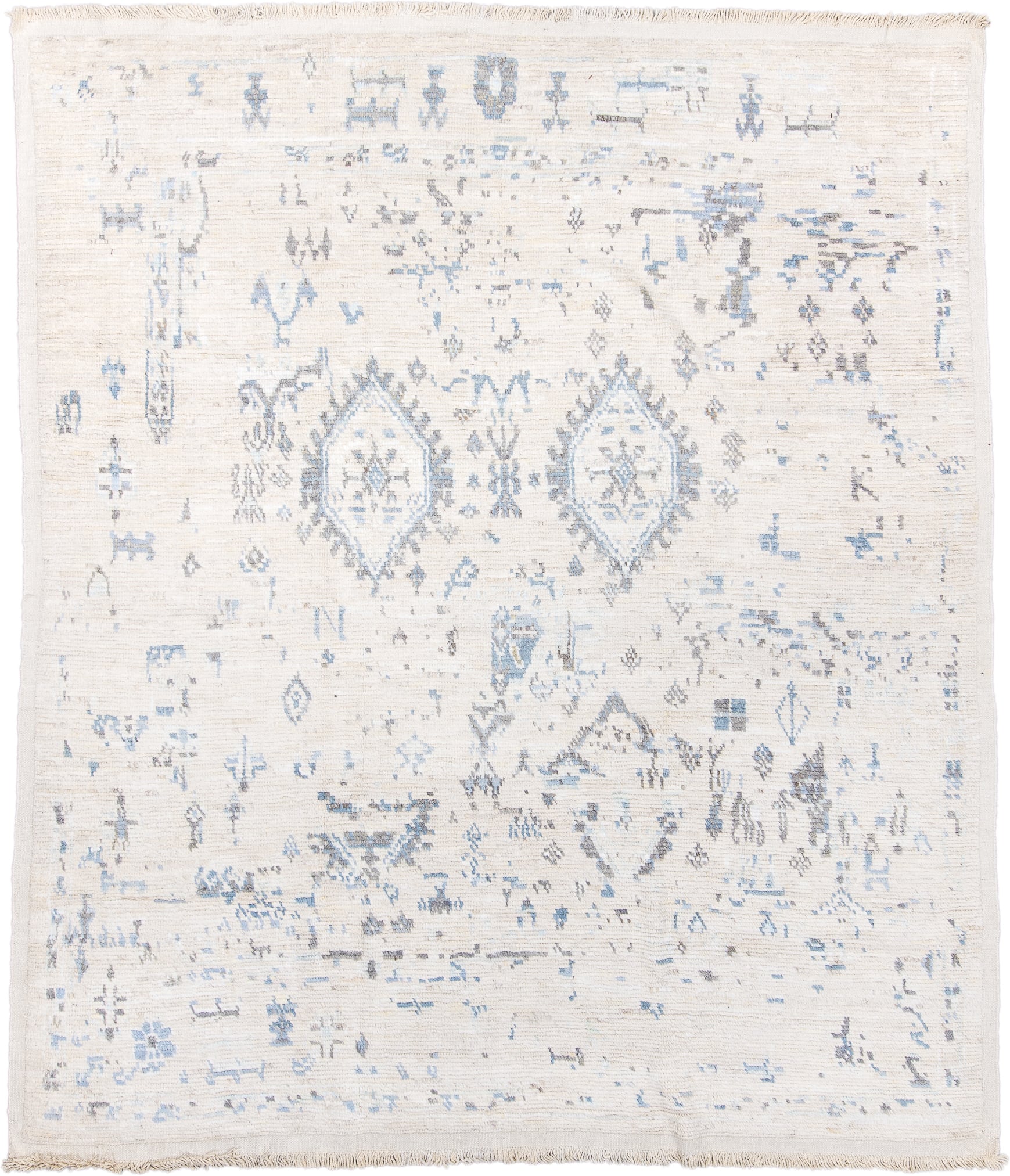 8' x 9' one-of-a-kind handmade vintage Tulu rug. Color palette: ivory, pale blue, light gray, cream, taupe, light blue