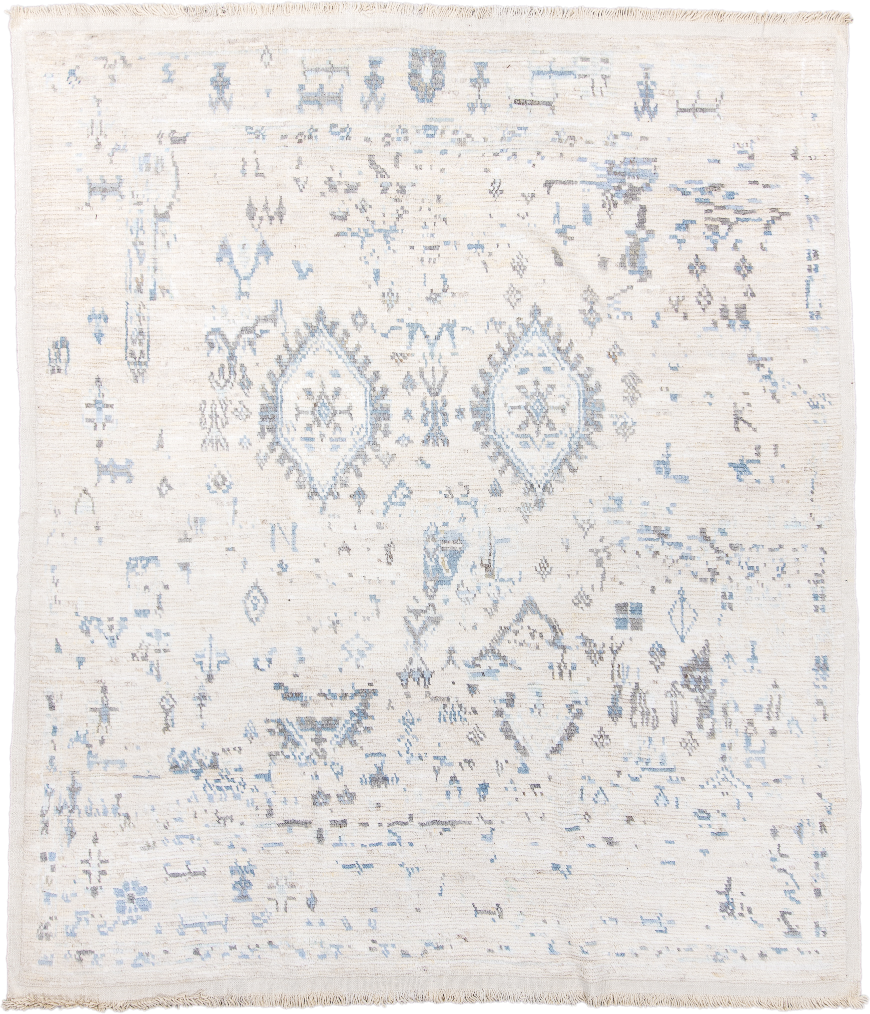 8' x 9' one-of-a-kind handmade vintage Tulu rug. Color palette: ivory, pale blue, light gray, cream, taupe, light blue