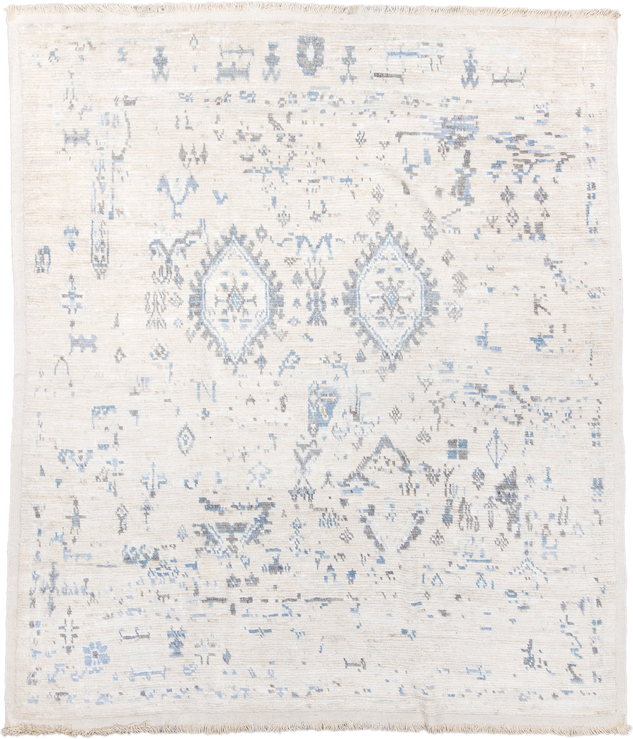 8' x 9' one-of-a-kind handmade vintage Tulu rug. Color palette: ivory, pale blue, light gray, cream, taupe, light blue