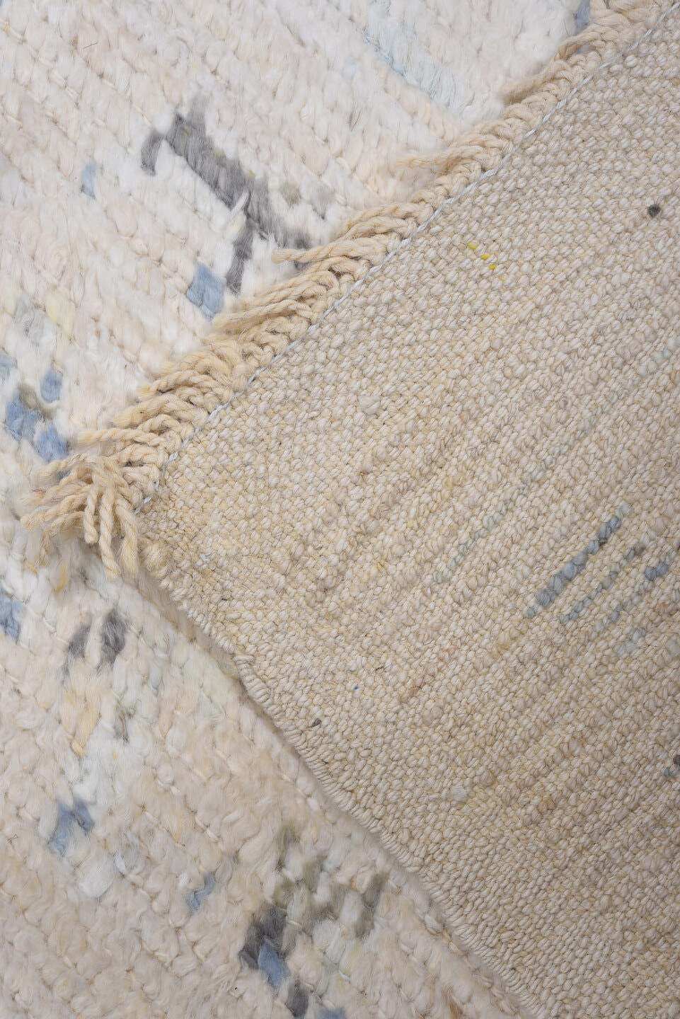 8' x 9' one-of-a-kind handmade vintage Tulu rug. Color palette: ivory, pale blue, light gray, cream, taupe, light blue
